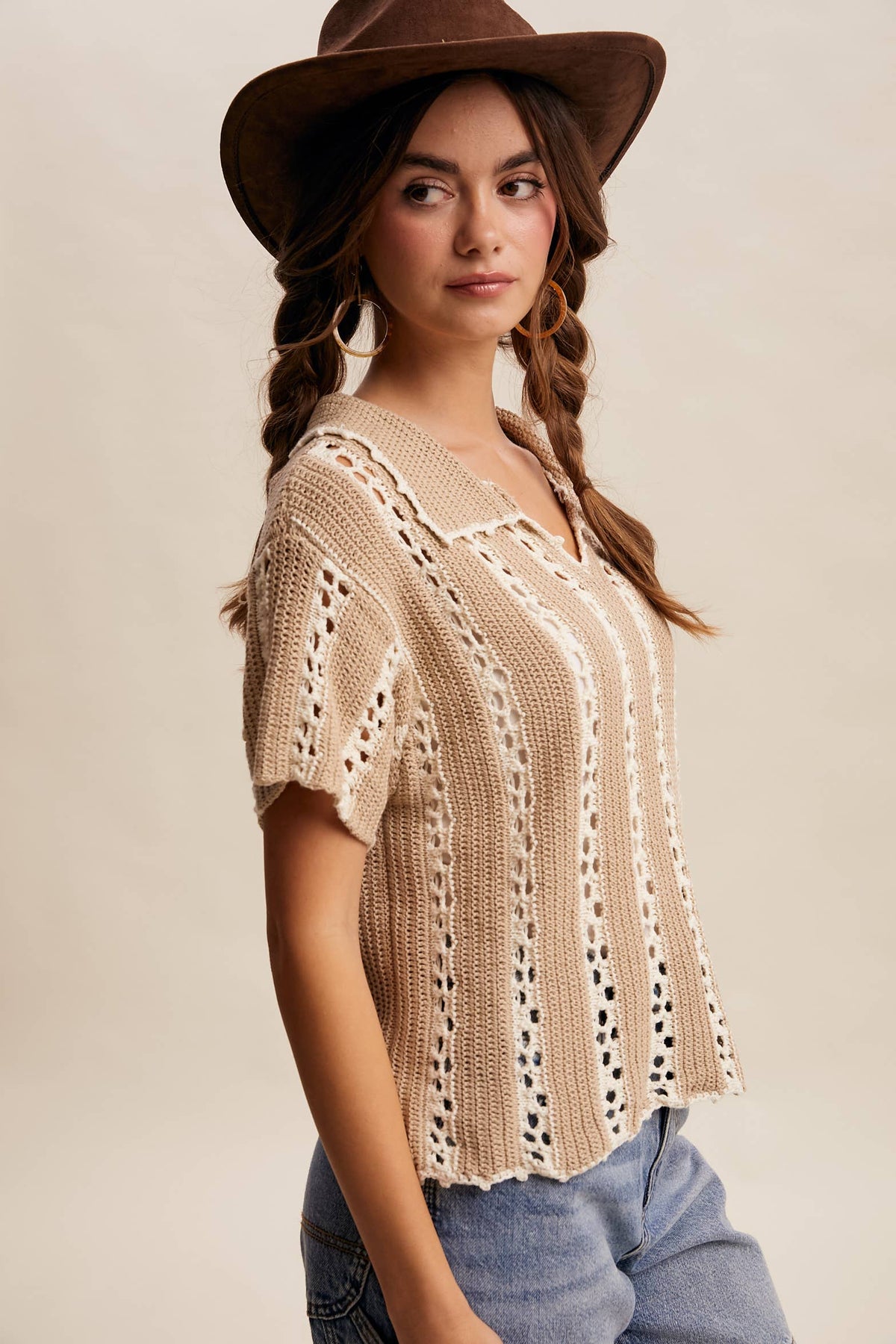 Crochet Stripe Knit Collar Top LSW1040