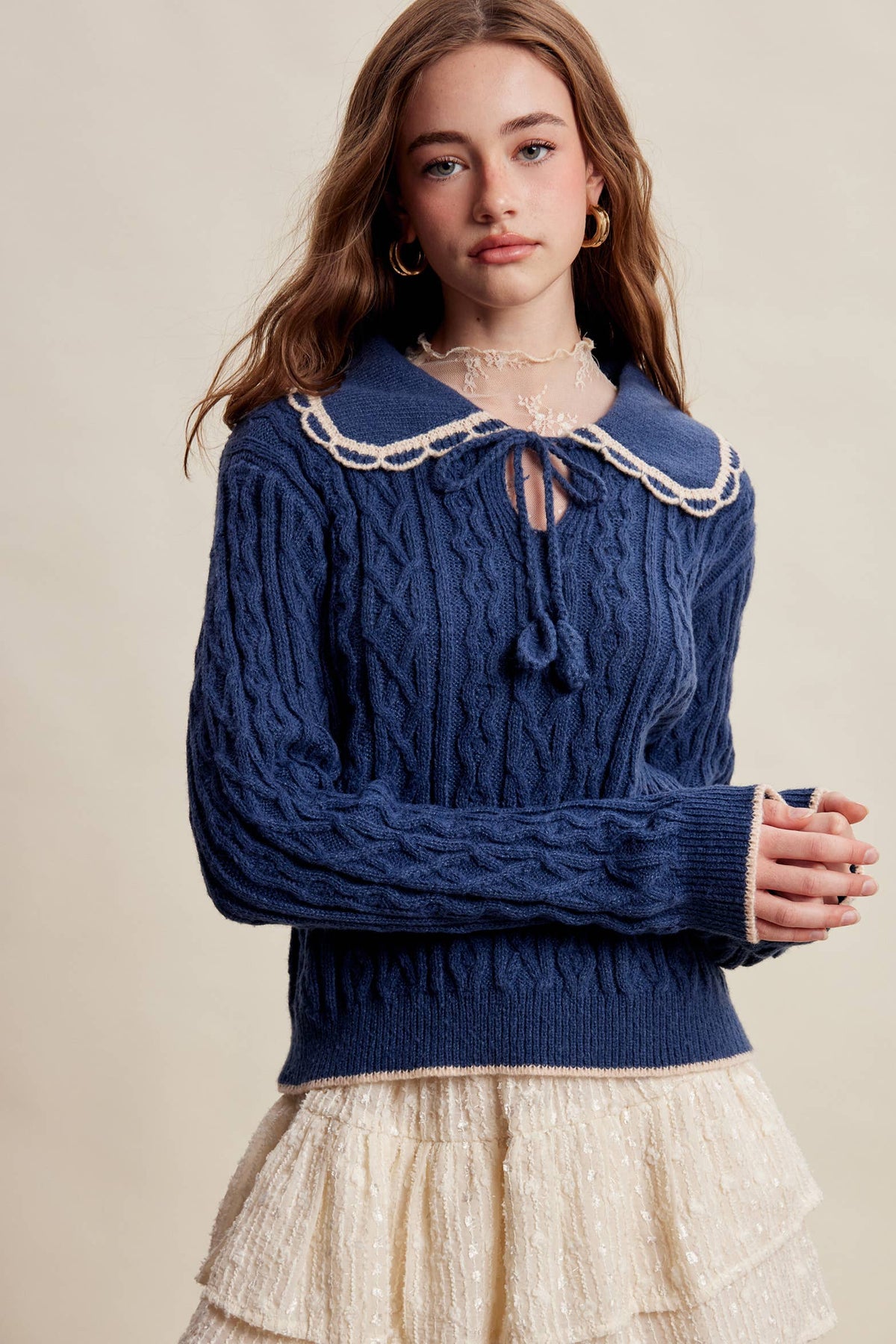 Scalloped Collar Cable Knit Sweater LSW1067