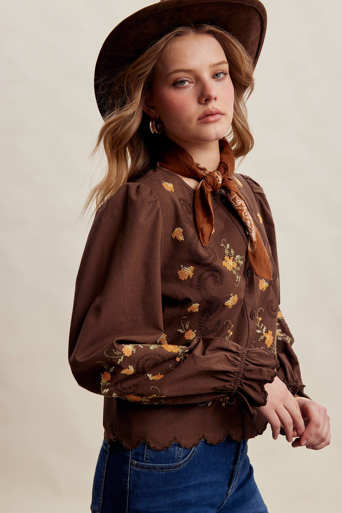 Embroidered Scallop Hem Cotton Blouse LT1482