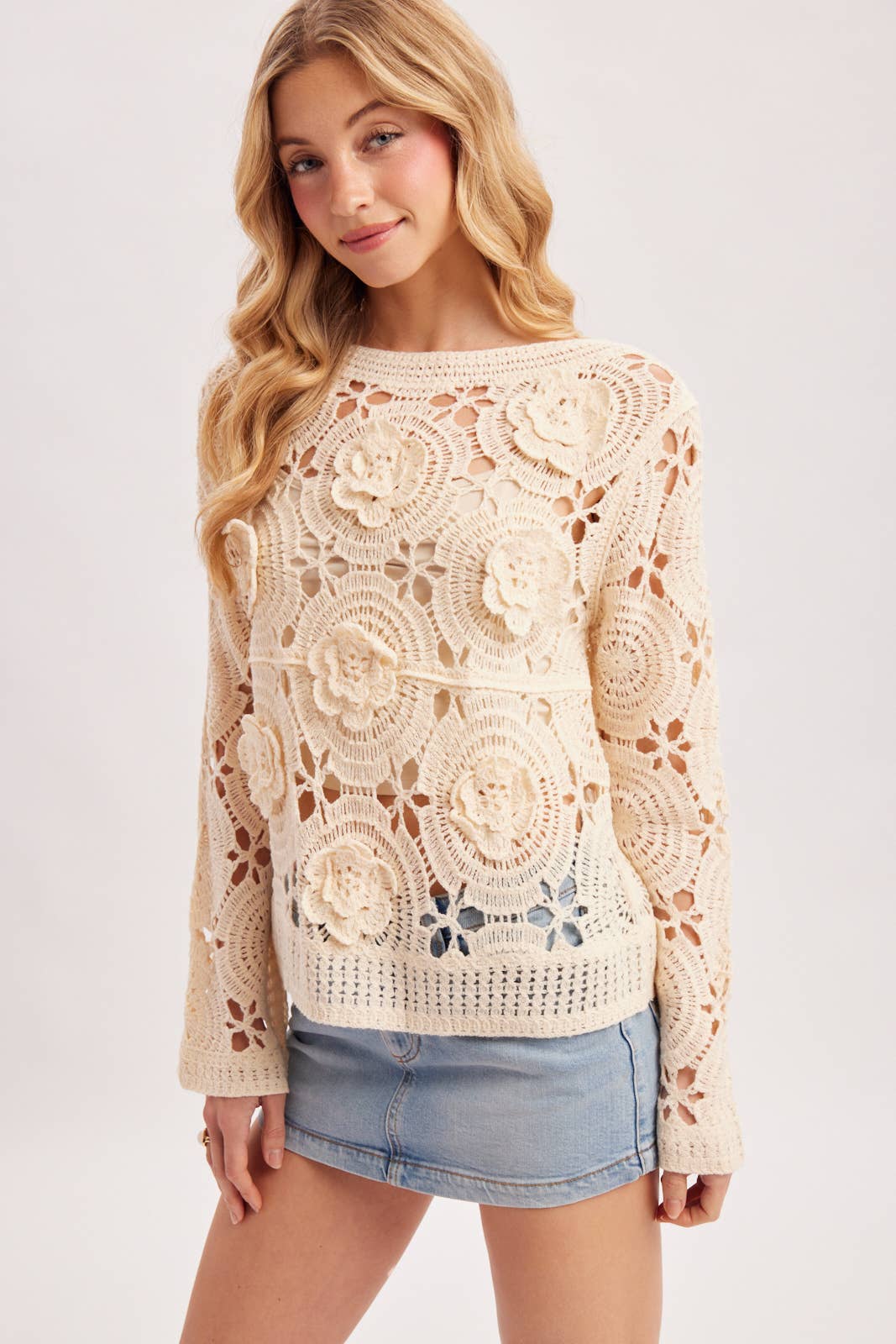 Boat Neck Floral Crochet Top