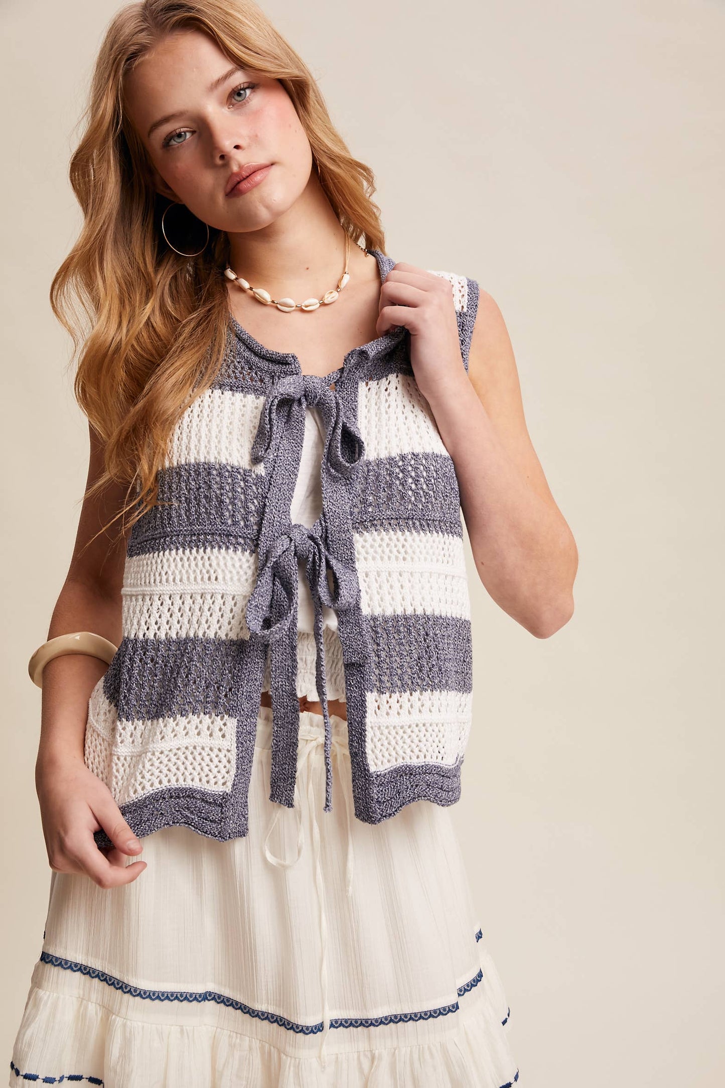 Striped Crochet Tie-Front Knit Vest