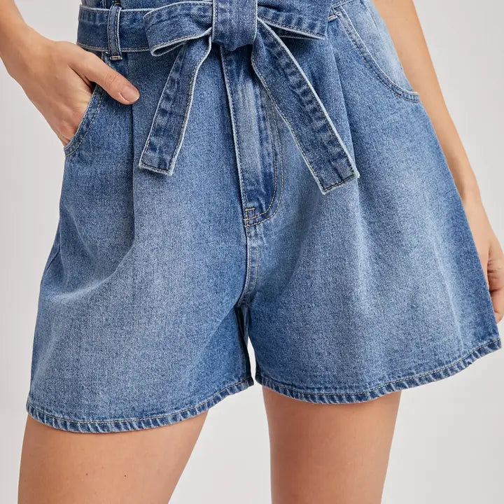 Tied Denim Paper Bag Shorts