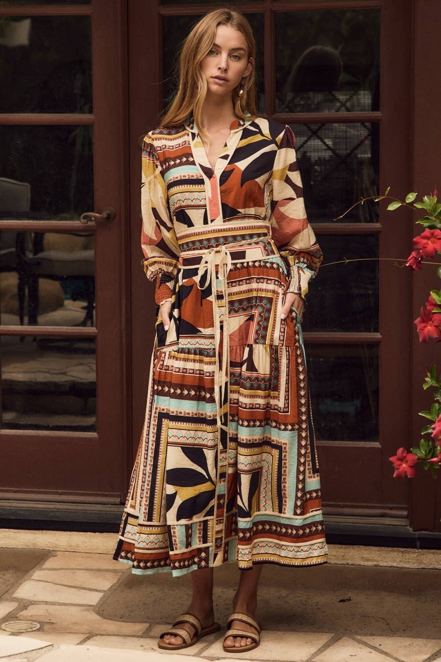 Ethnic Mixed Print Tiered Maxi Dress