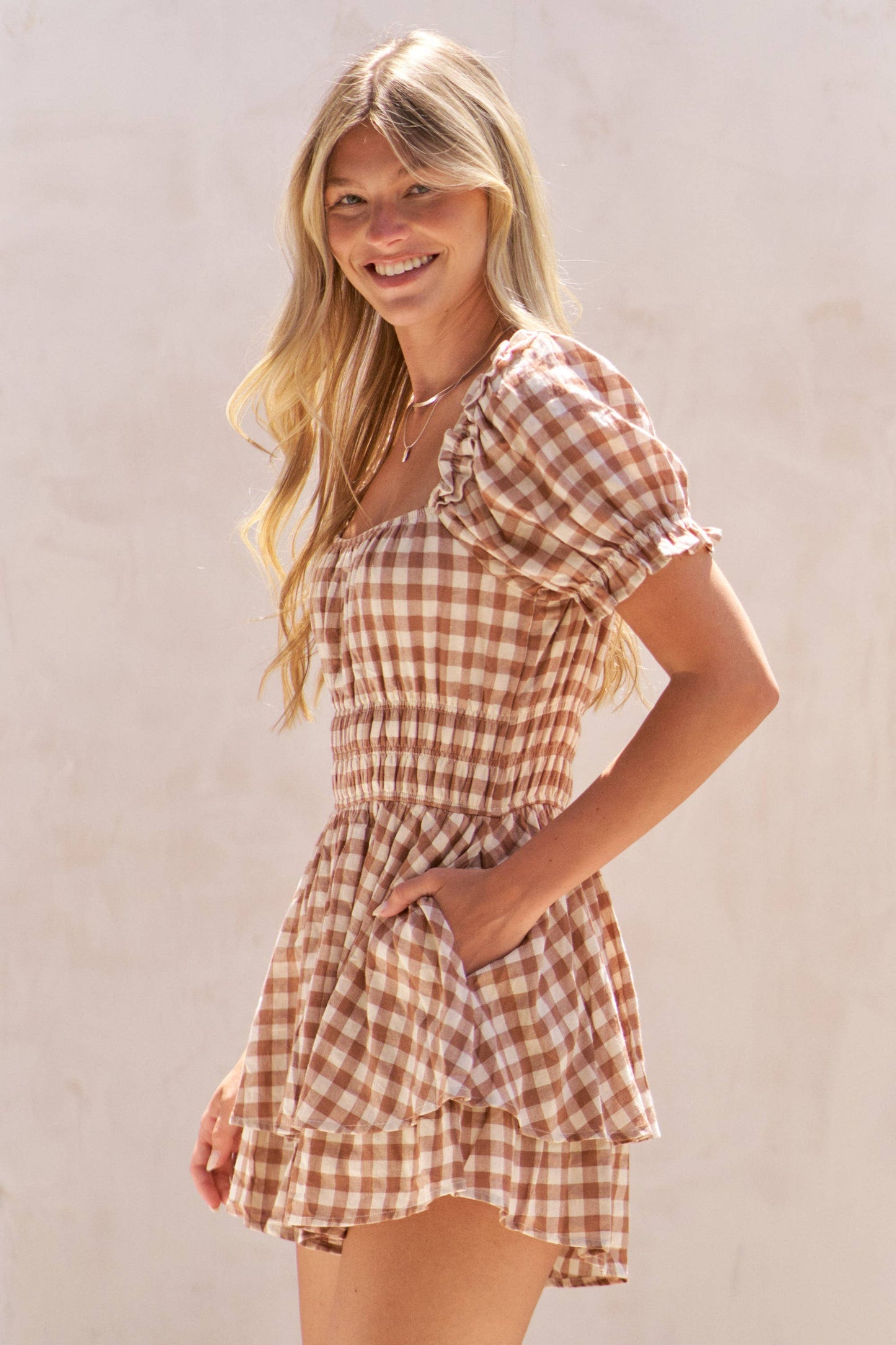 Gingham Puff Sleeve Romper