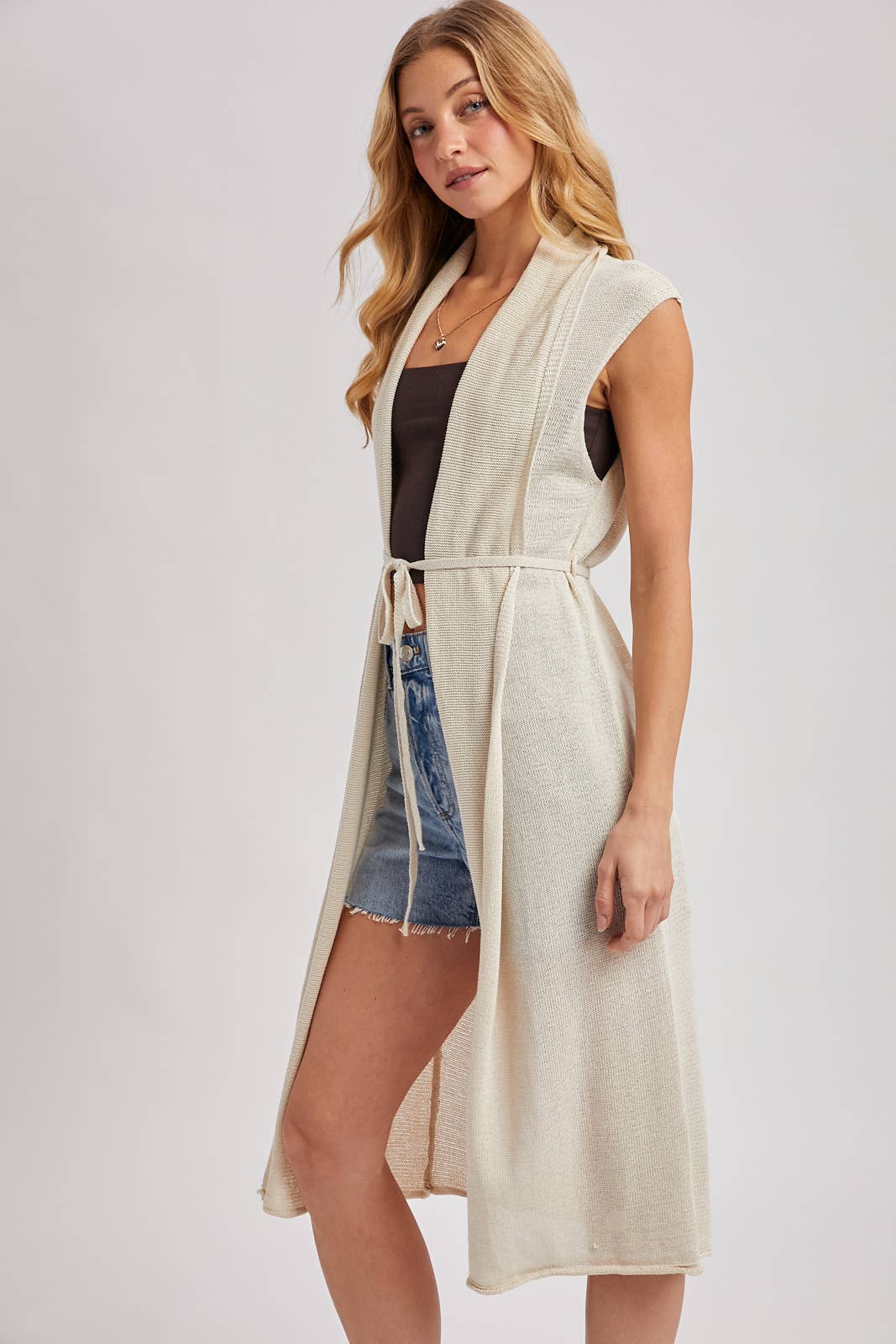 Sleeveless Belted Vest Cardigan