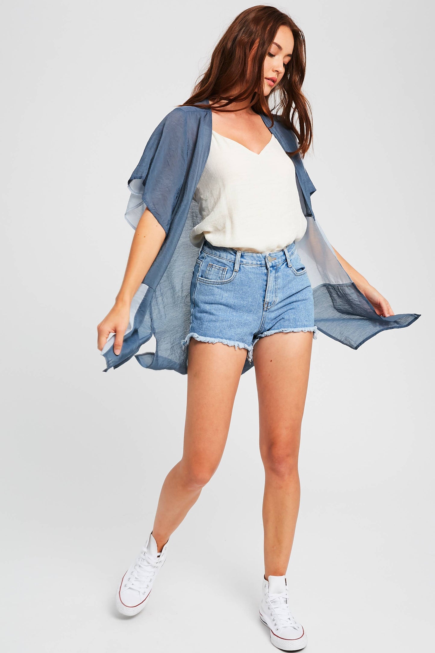 Semi Sheer Color Block Kimono Cardigan