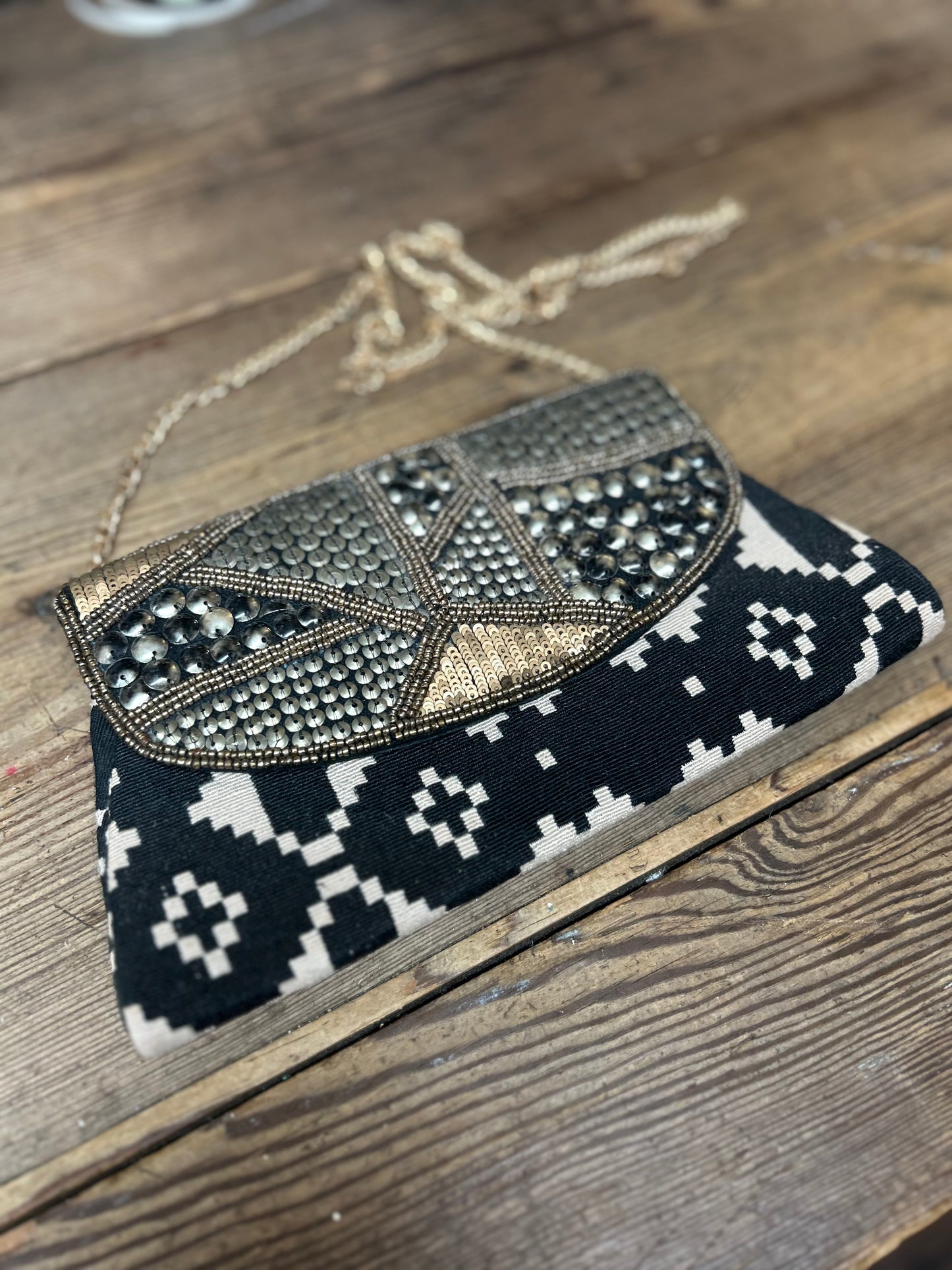 Black & Ivory Tribal Beaded Crossbody Envelope Clutch