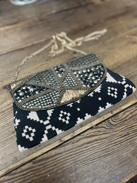 Black & Ivory Tribal Beaded Crossbody Envelope Clutch