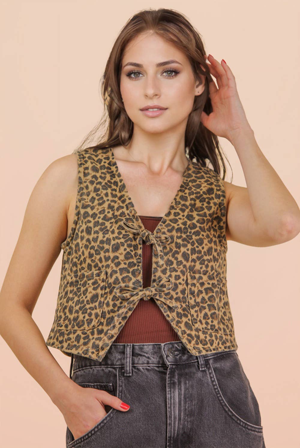 Leopard Denim Front Tie Vest