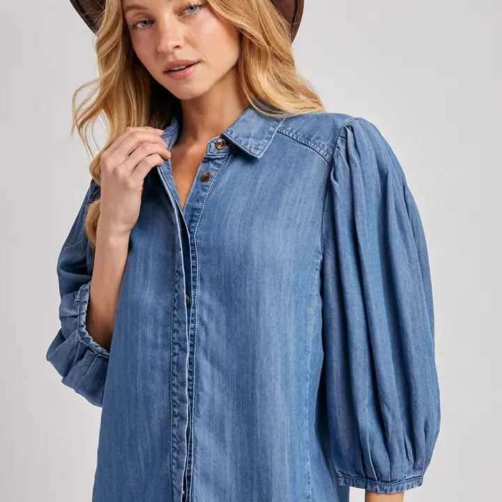 Denim Button Puff Sleeve Top