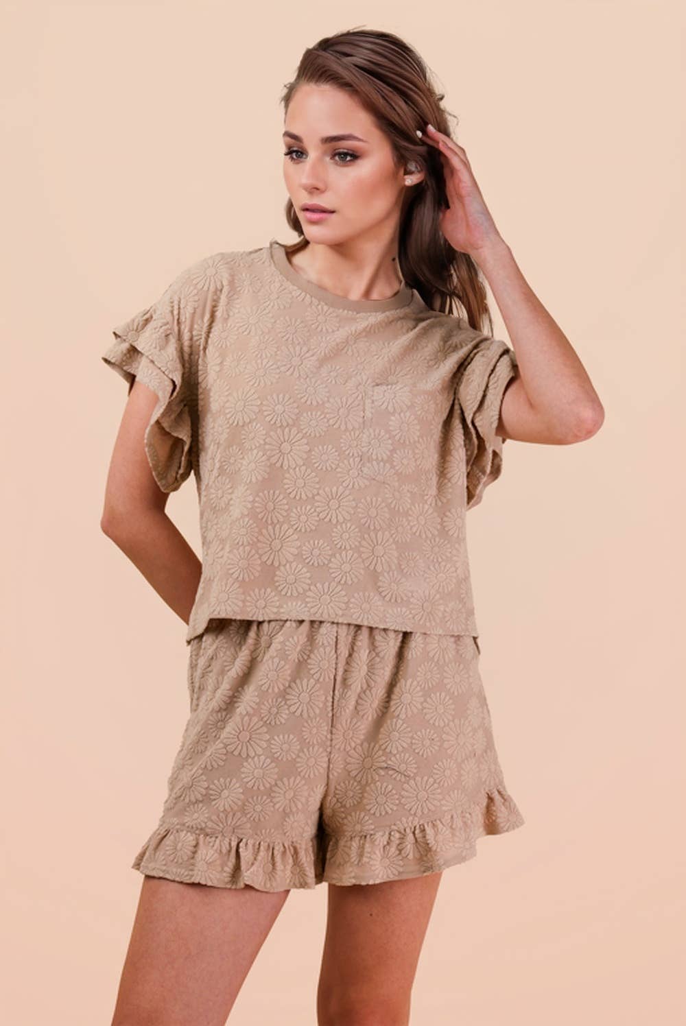 Floral Textured Ruffled Knit Top & Shorts Set