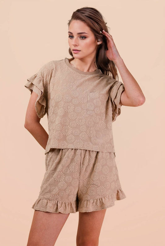 Floral Textured Ruffled Knit Top & Shorts Set