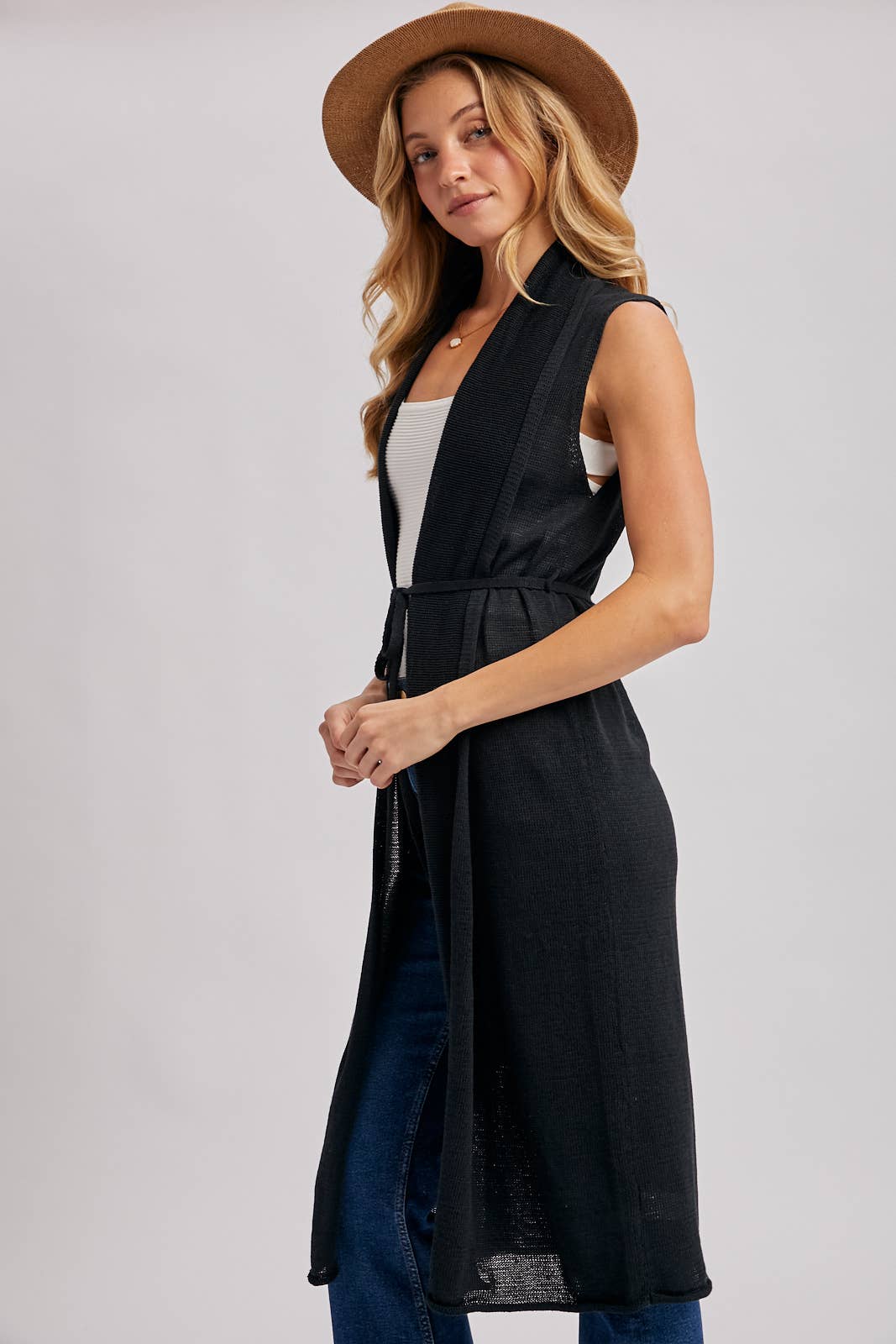 Sleeveless Belted Vest Cardigan