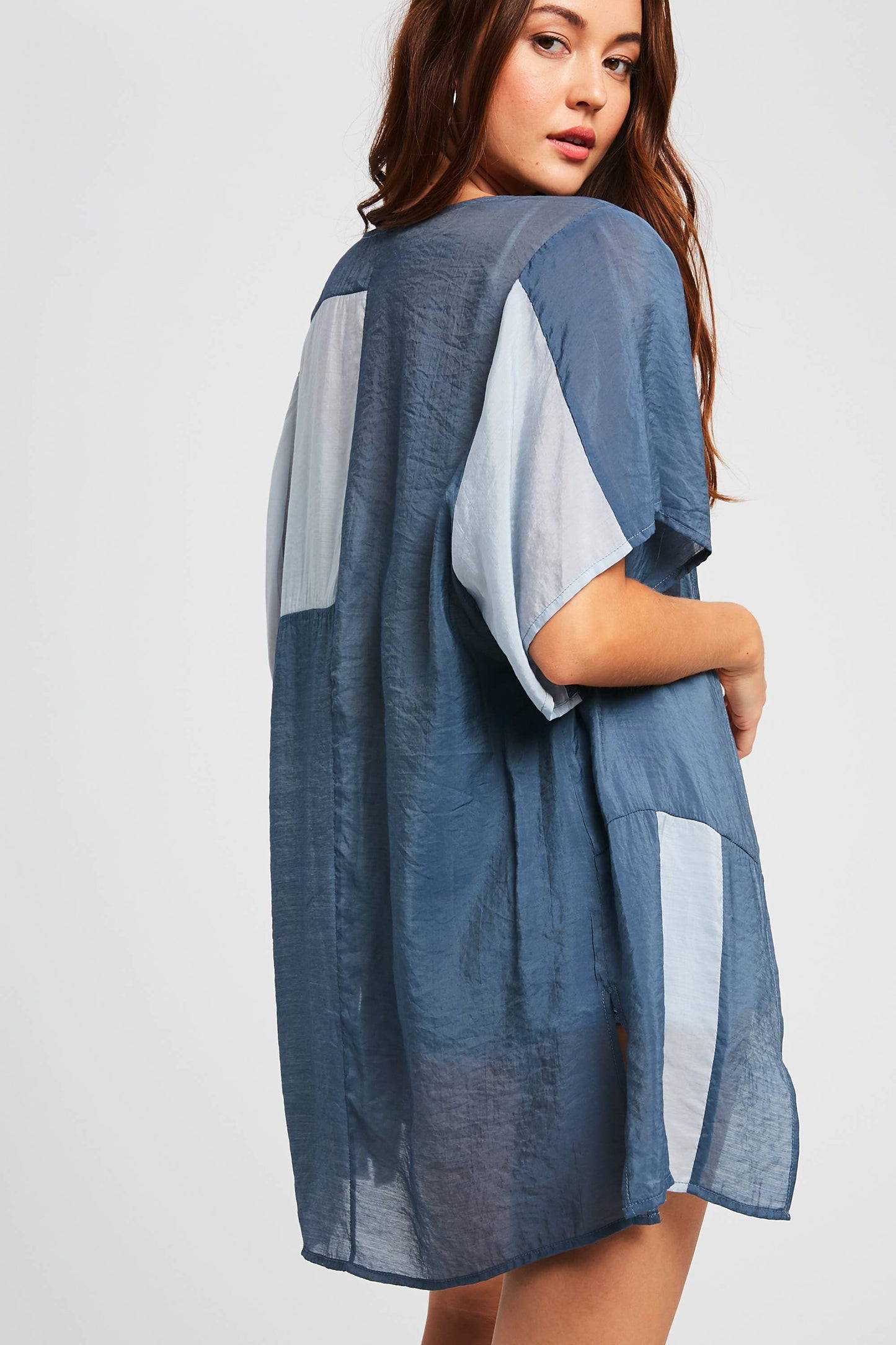 Semi Sheer Color Block Kimono Cardigan