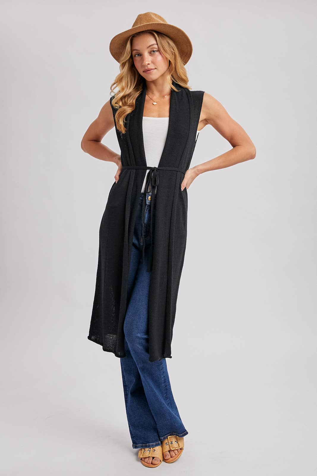 Sleeveless Belted Vest Cardigan