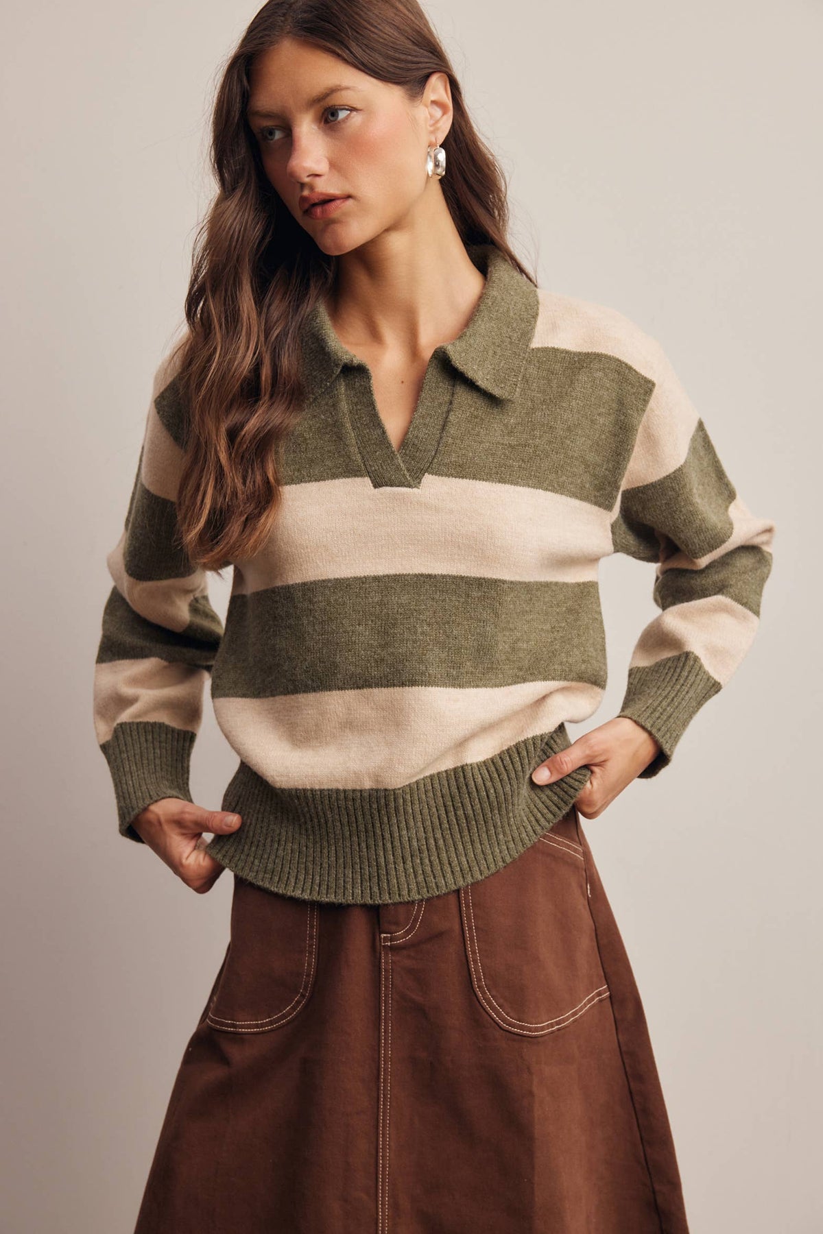 Striped Collared Knit Sweater FSW0089