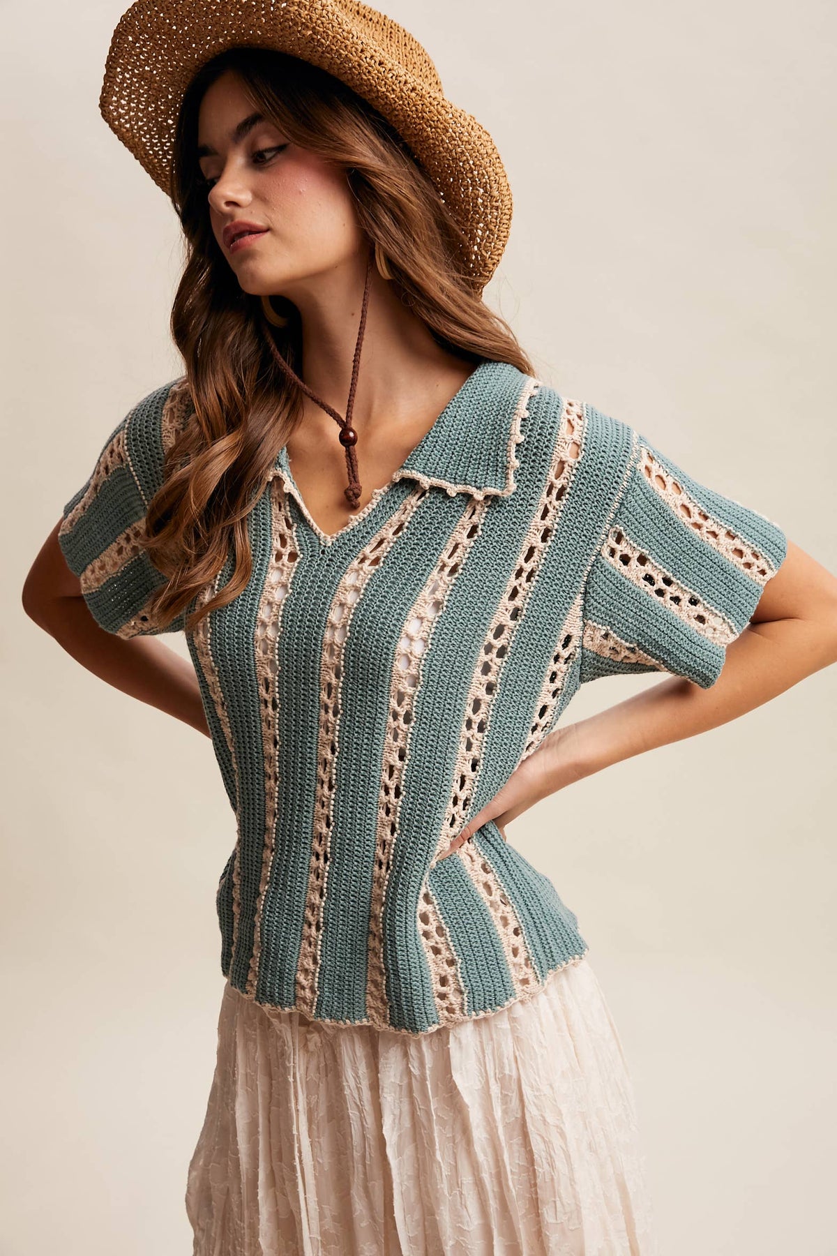Crochet Stripe Knit Collar Top LSW1040