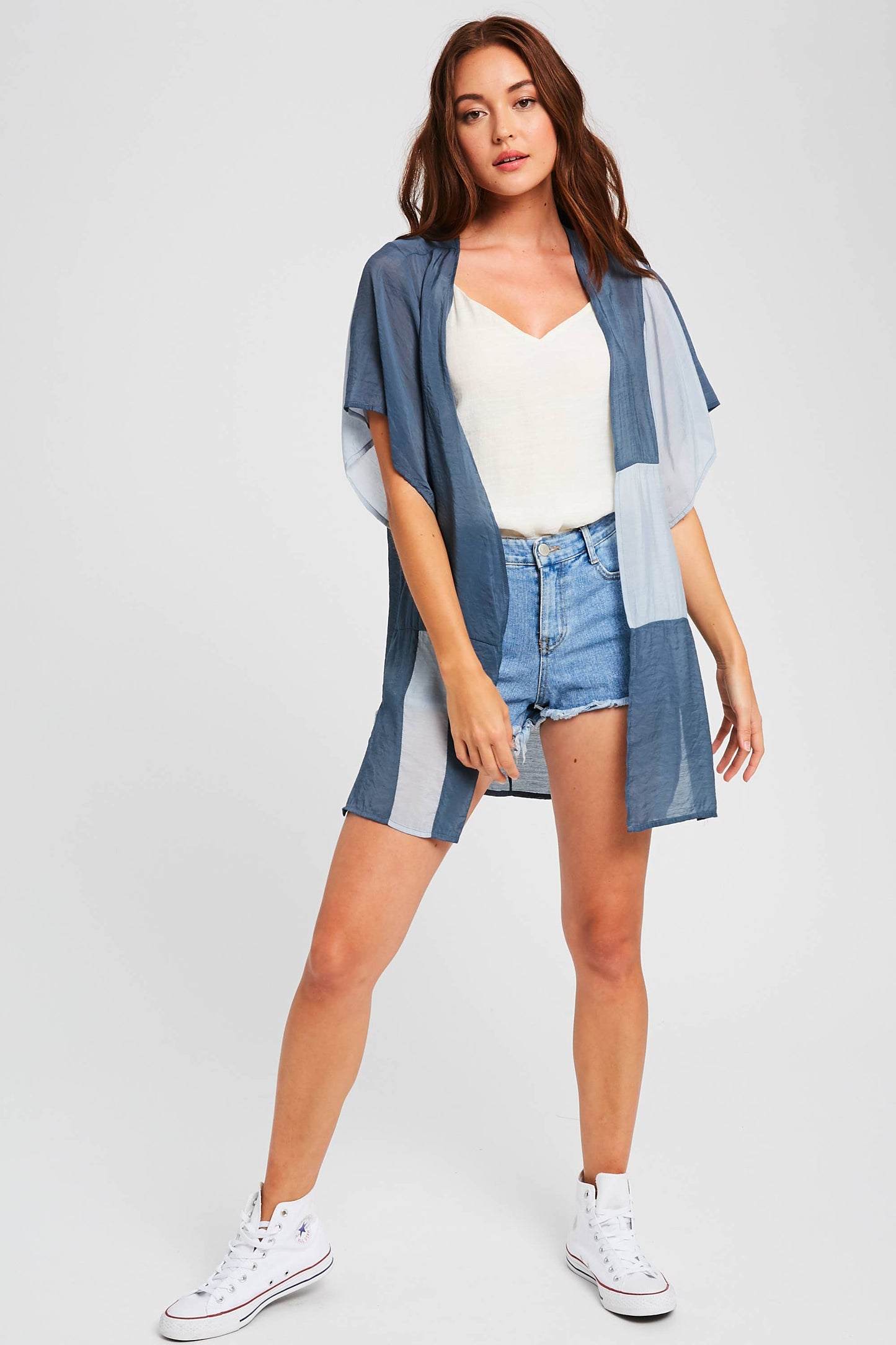 Semi Sheer Color Block Kimono Cardigan
