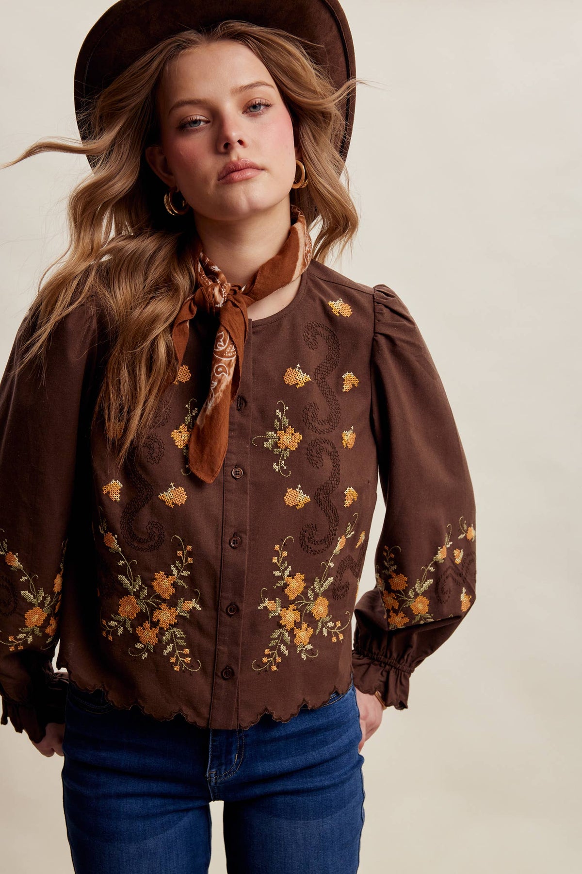 Embroidered Scallop Hem Cotton Blouse LT1482