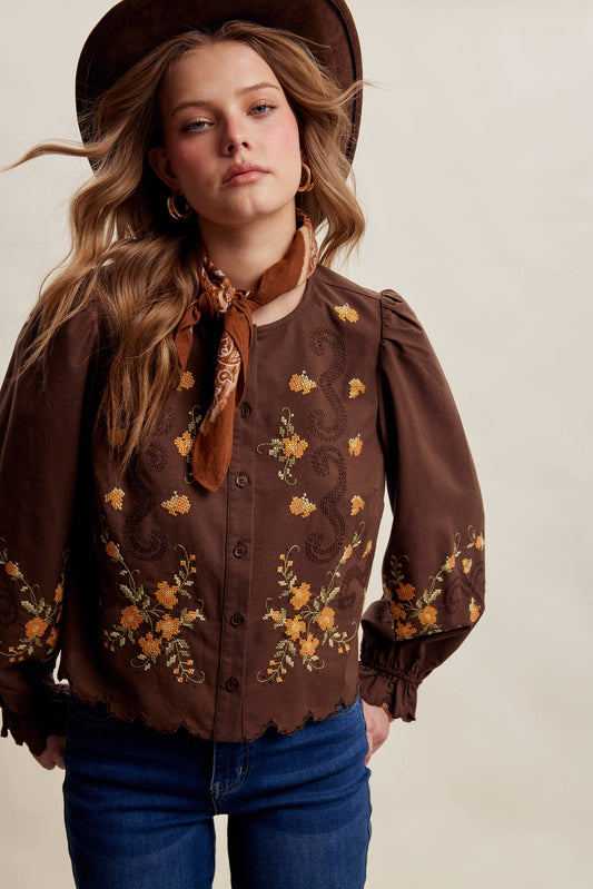 Embroidered Scallop Hem Cotton Blouse LT1482