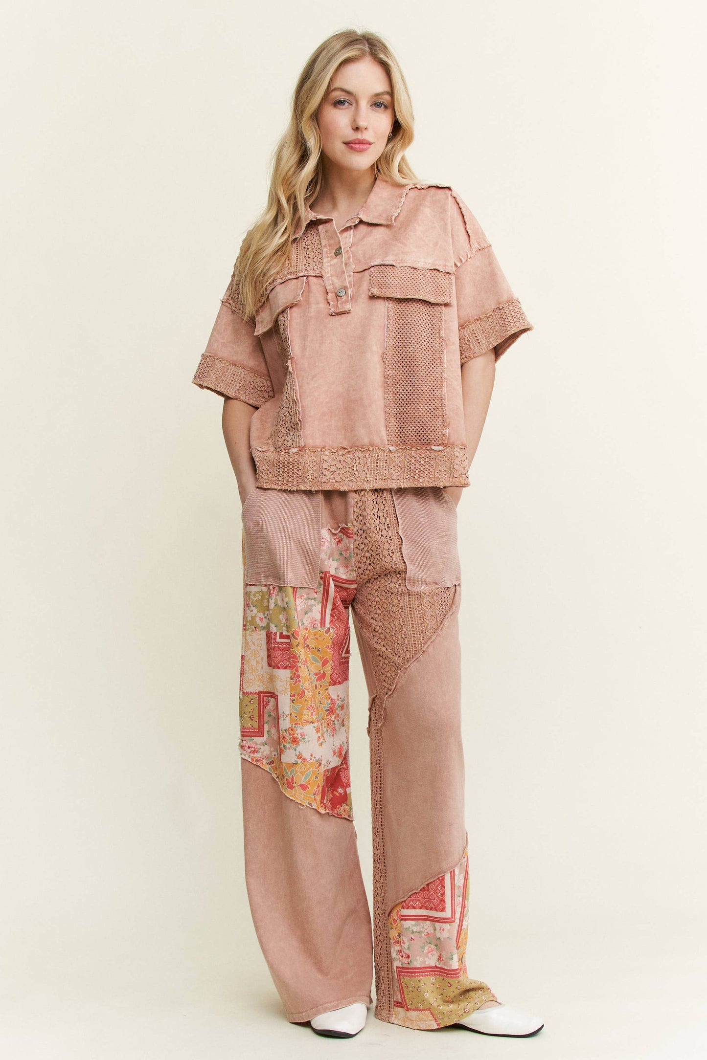 Washed Lace Mesh Collared Blouse
