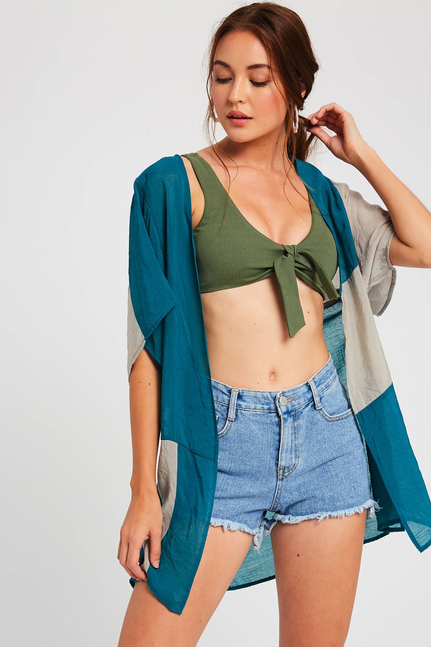 Semi Sheer Color Block Kimono Cardigan