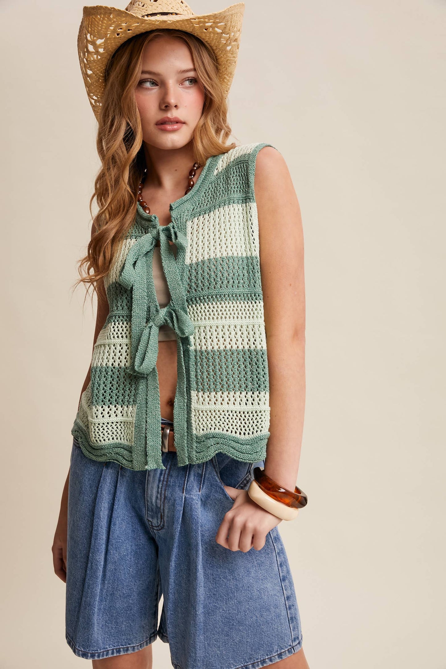 Striped Crochet Tie-Front Knit Vest