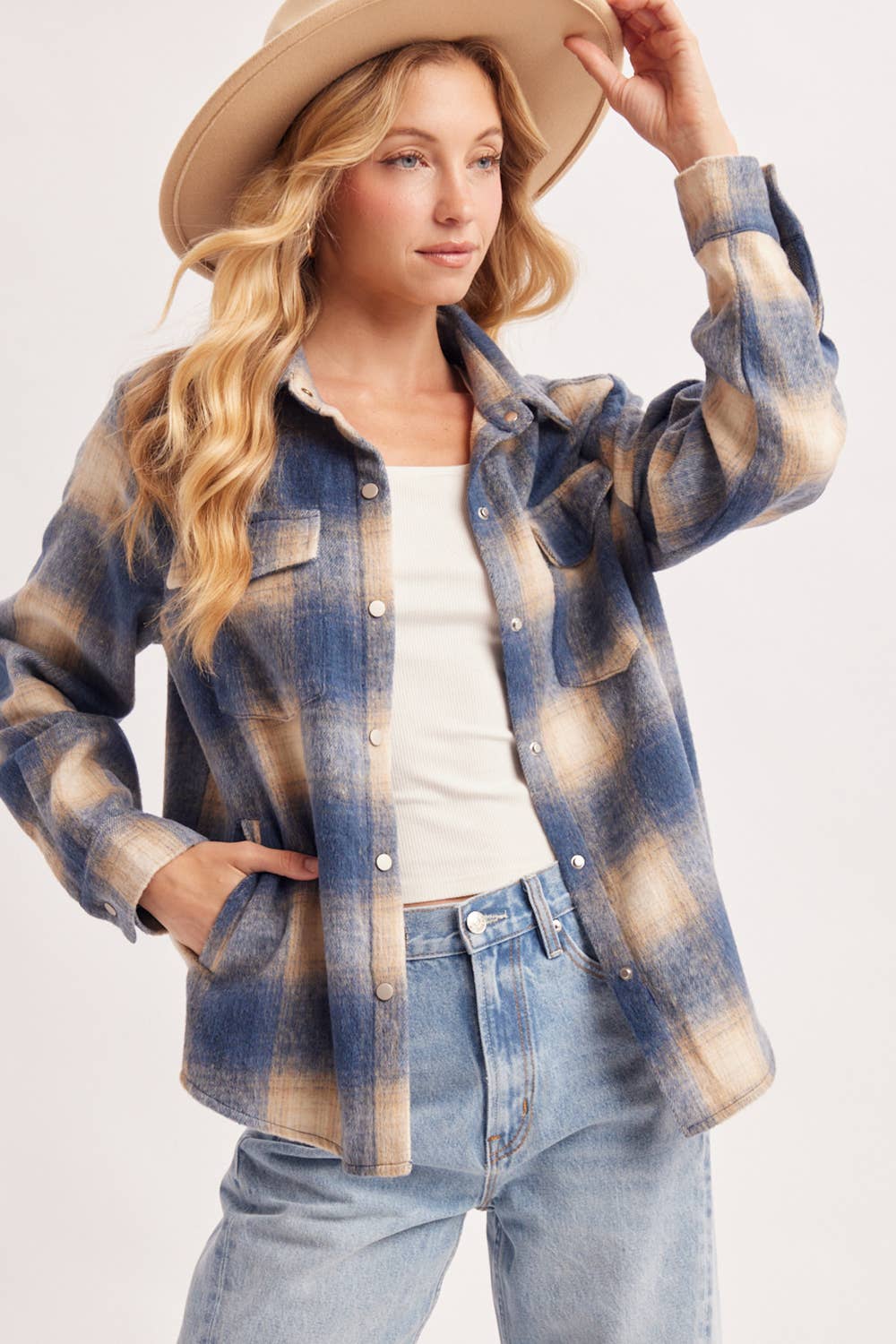 SNAP BUTTON DOWN PLAID SHACKET
