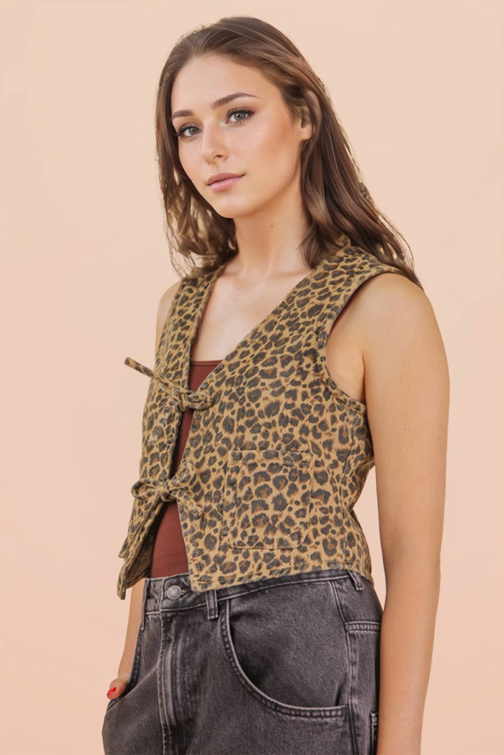 Leopard Denim Front Tie Vest