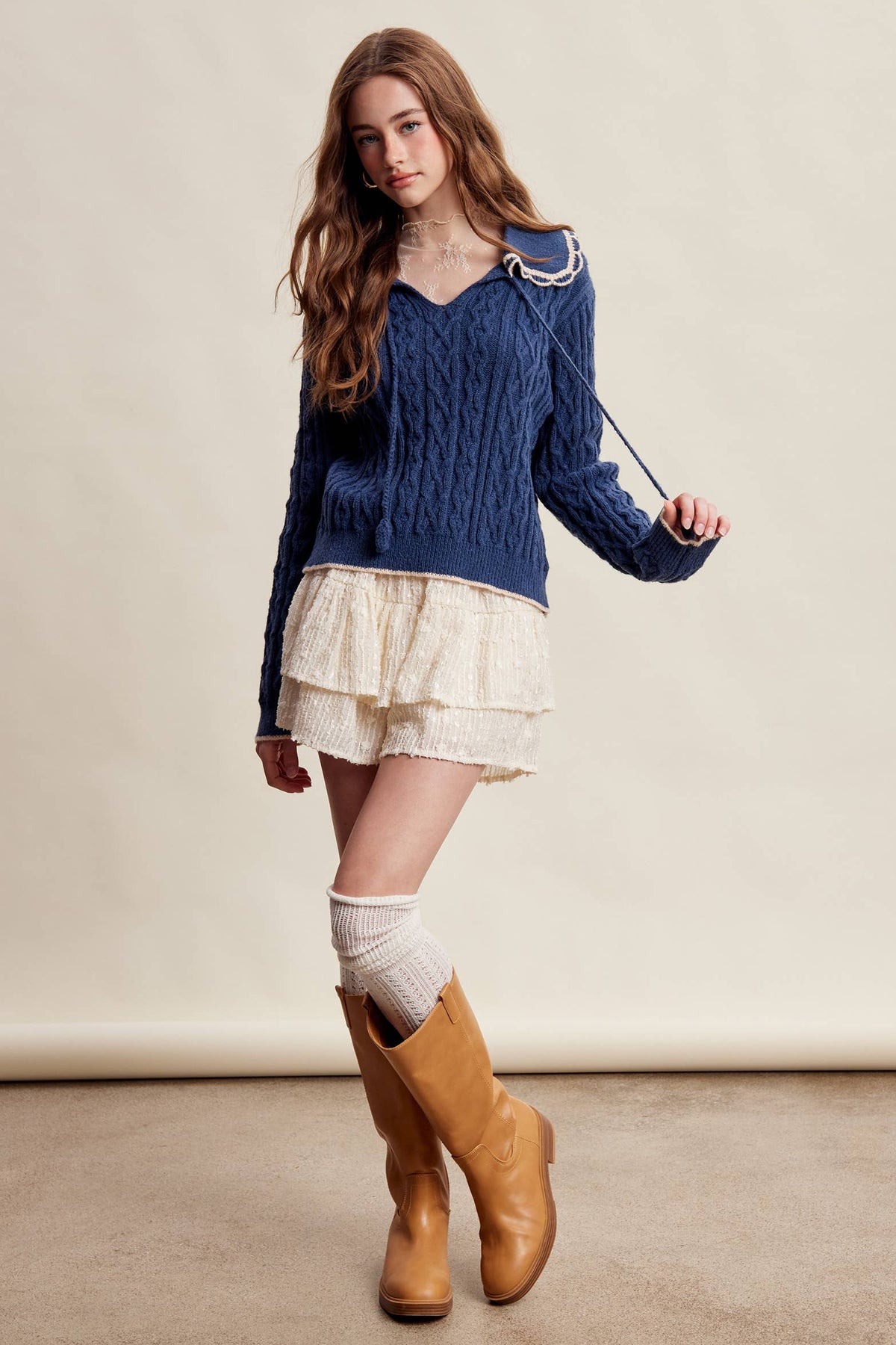 Scalloped Collar Cable Knit Sweater LSW1067