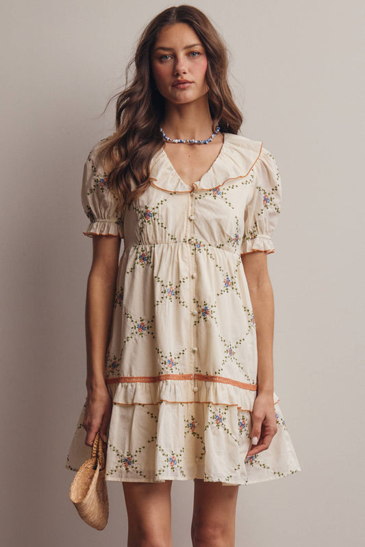 Embroidered Ruffle Collar Cotton Dress