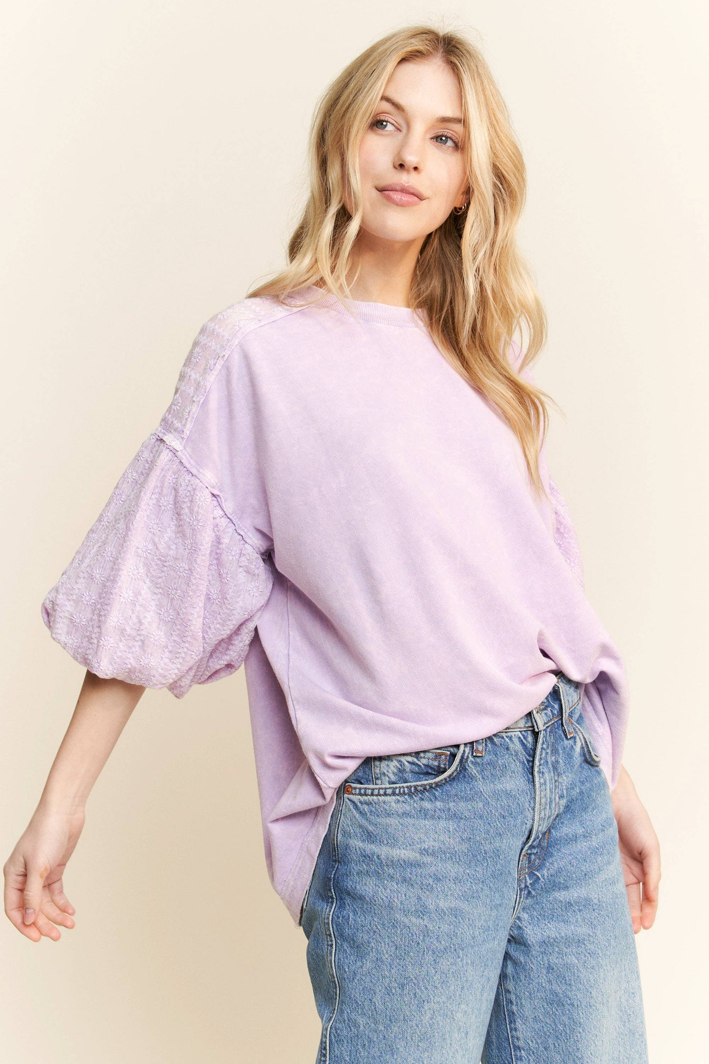 Mineral Washed Eyelet Puff Sleeve Blouse