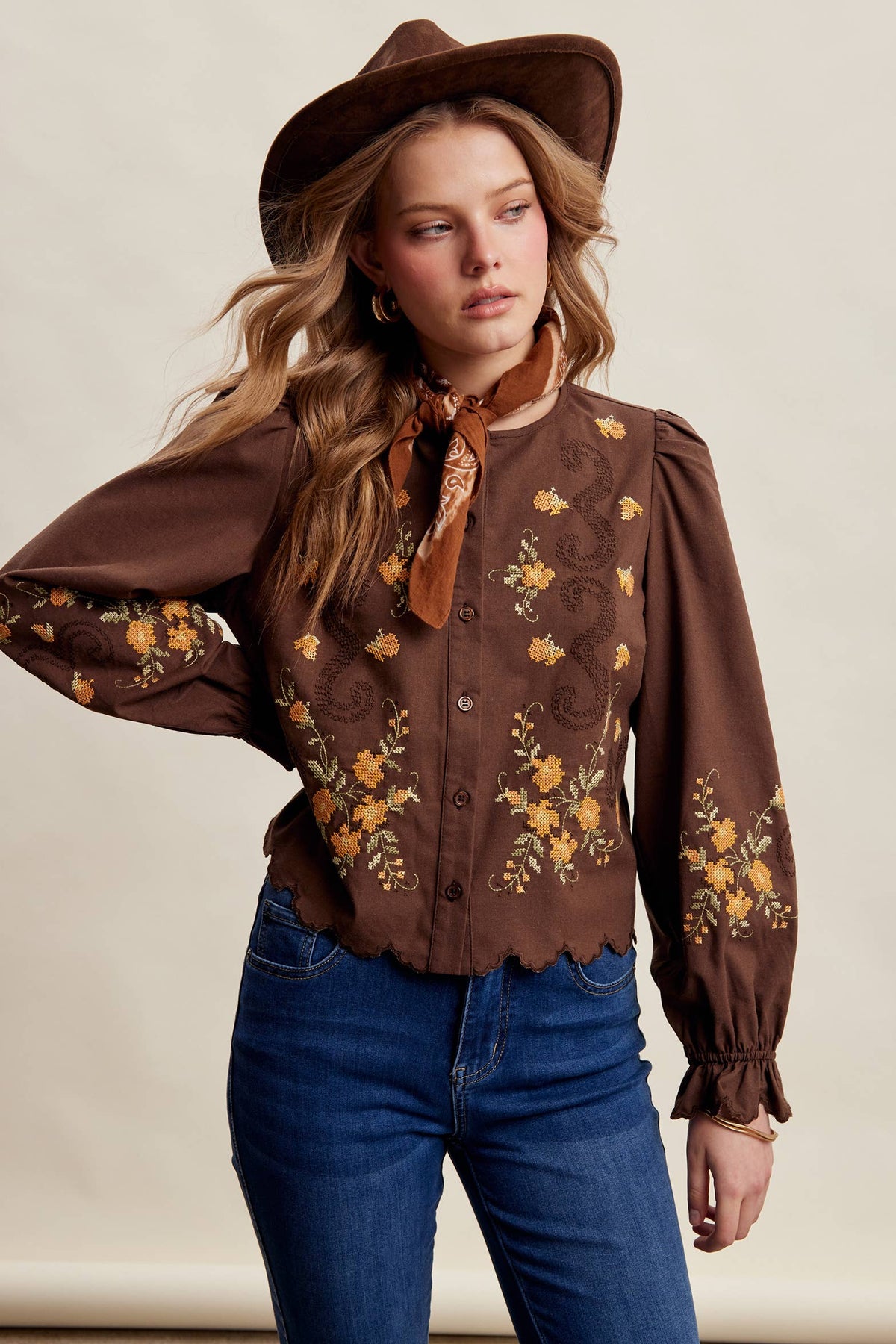 Embroidered Scallop Hem Cotton Blouse LT1482