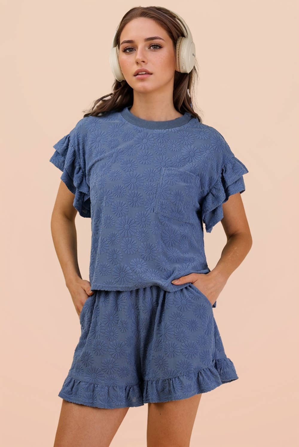 Floral Textured Ruffled Knit Top & Shorts Set