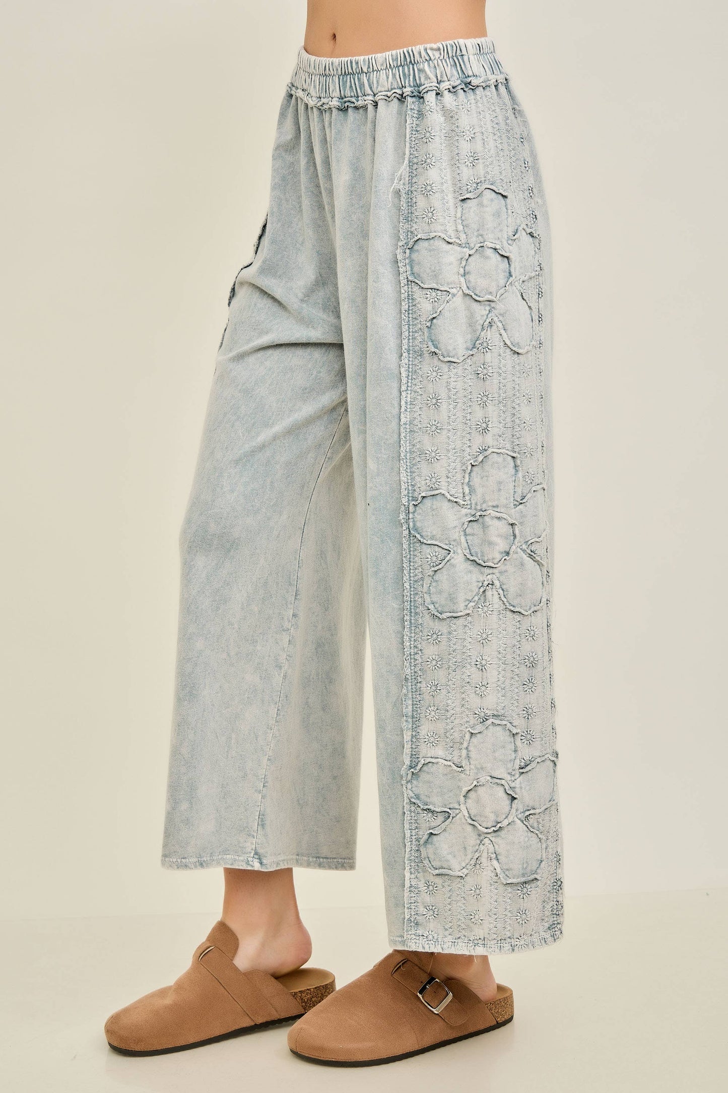 Mineral Washed Eyelet Flower Pants