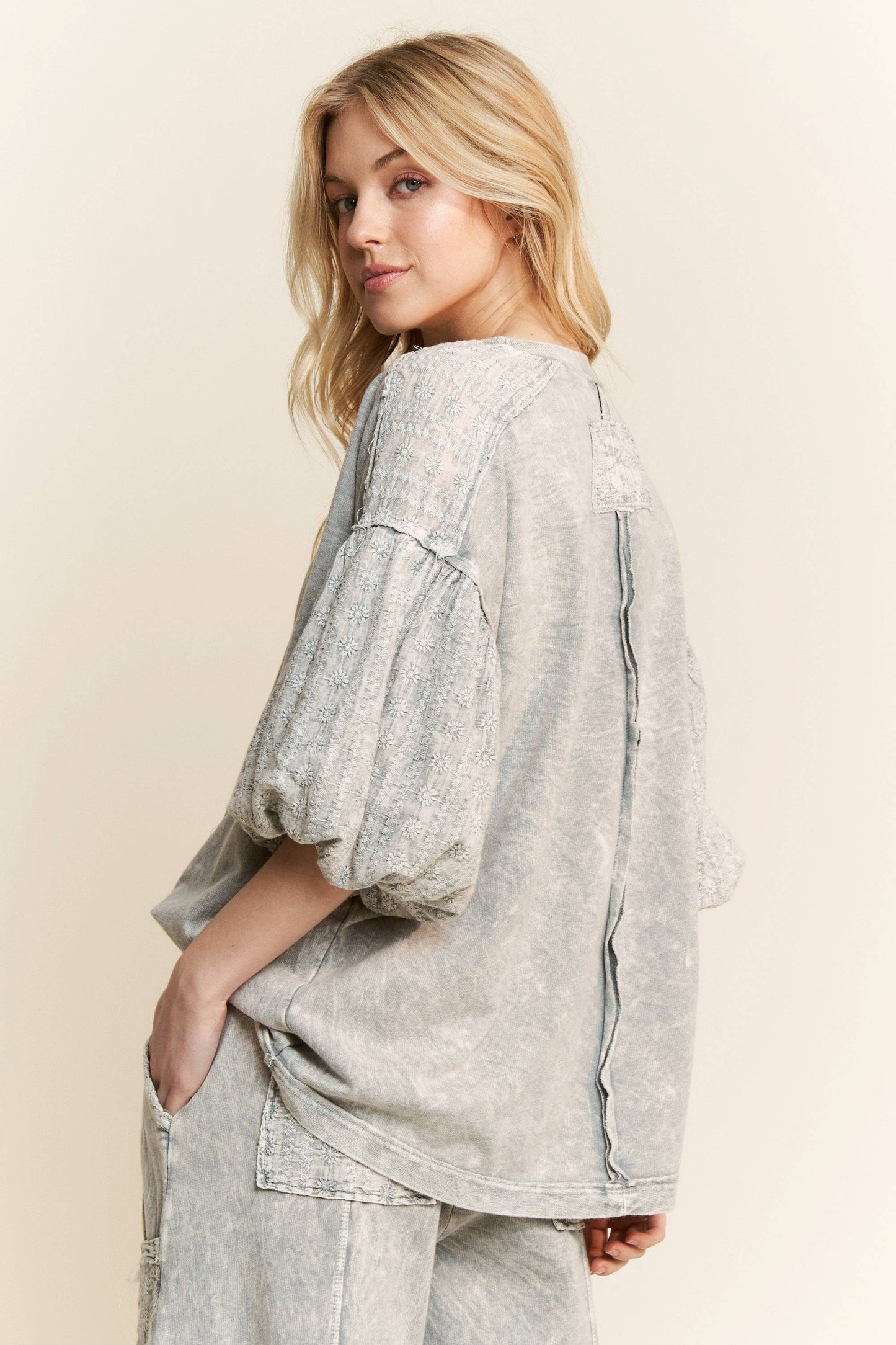 Mineral Washed Eyelet Puff Sleeve Blouse