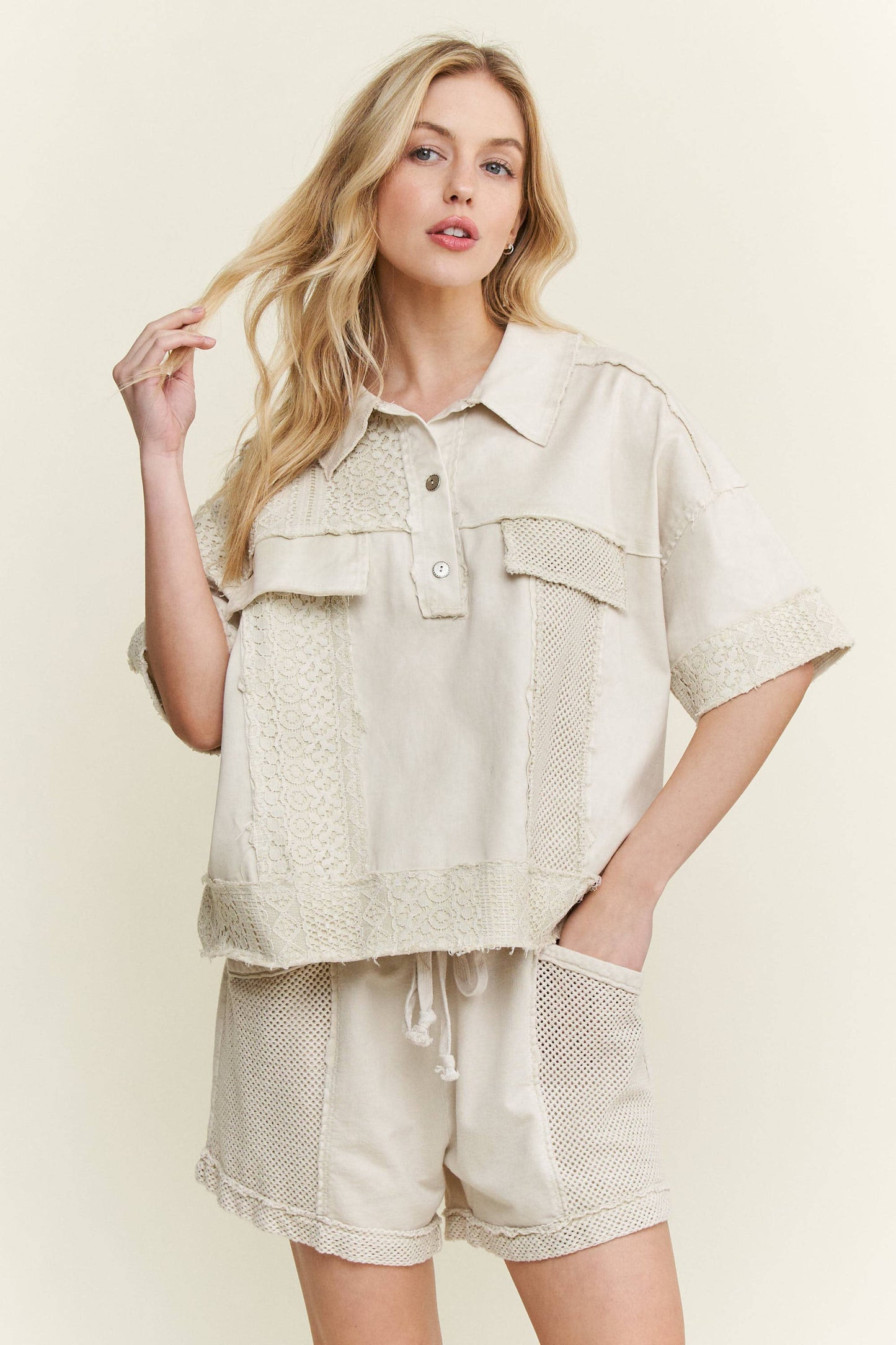 Washed Lace Mesh Collared Blouse