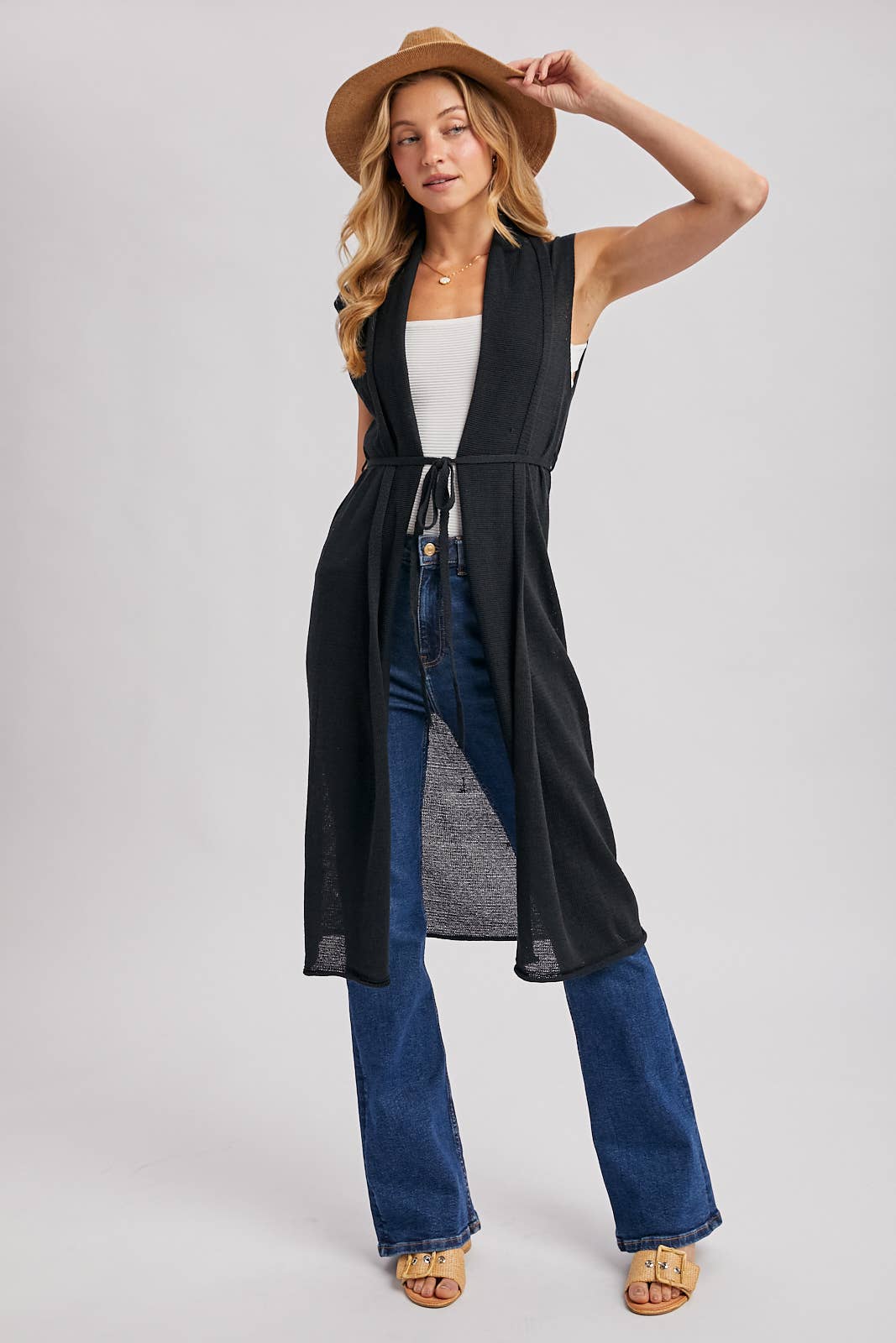 Sleeveless Belted Vest Cardigan