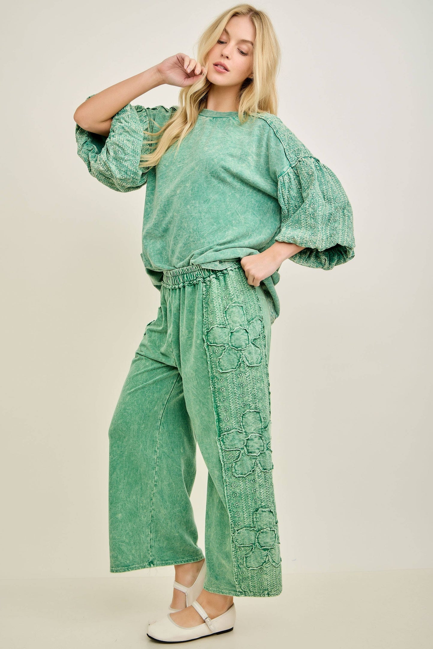 Mineral Washed Eyelet Puff Sleeve Blouse