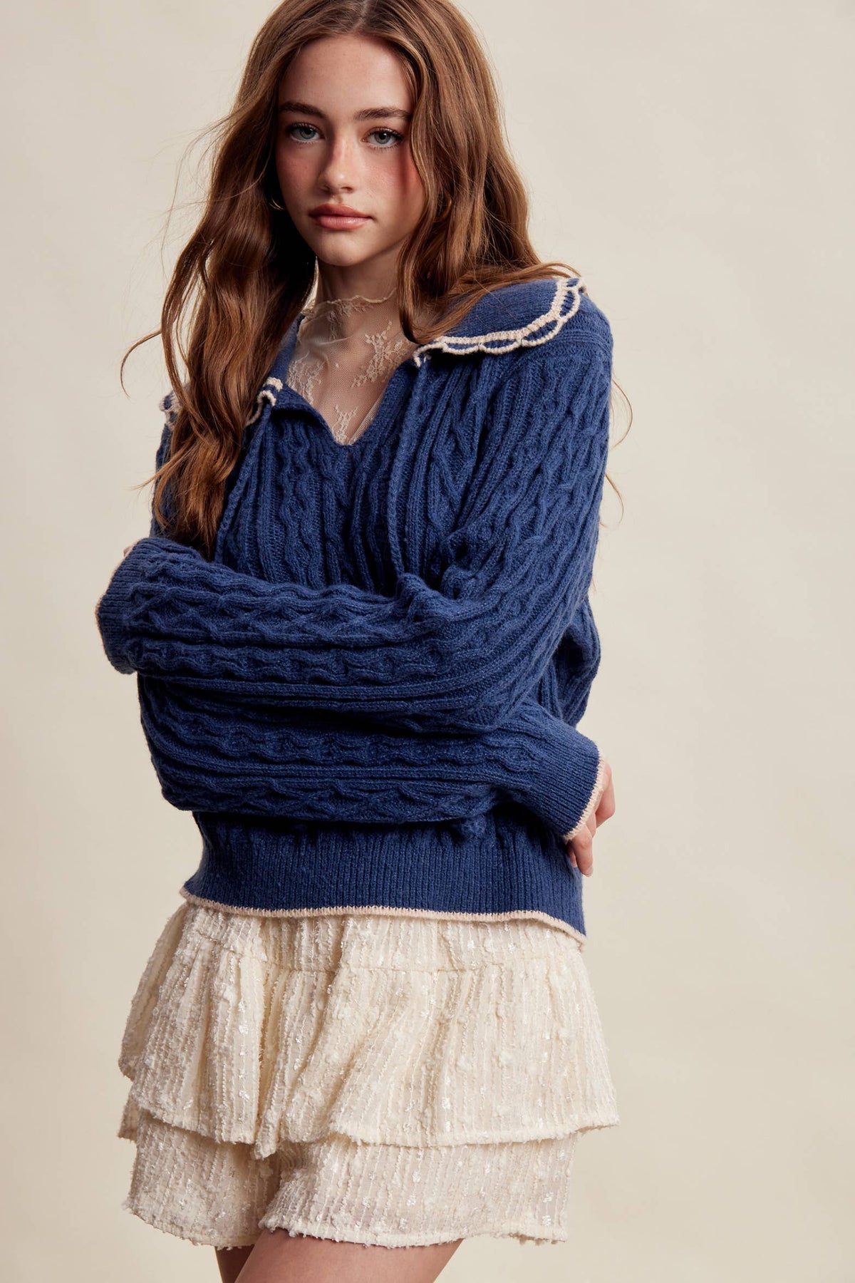 Scalloped Collar Cable Knit Sweater LSW1067