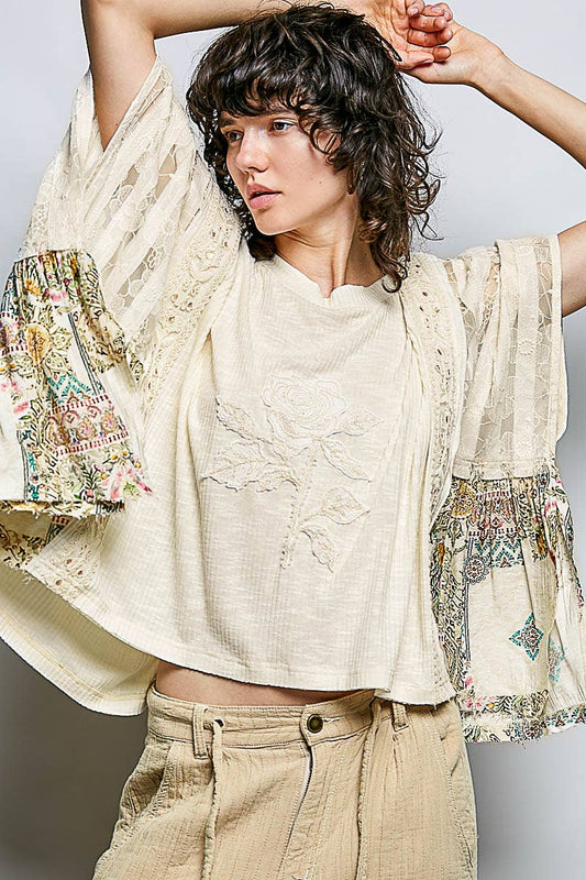 Artisan Rose Appliqué Patchwork Knit Top