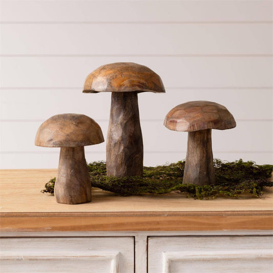Mango Wood Carved Mushroom (Set Of 3)