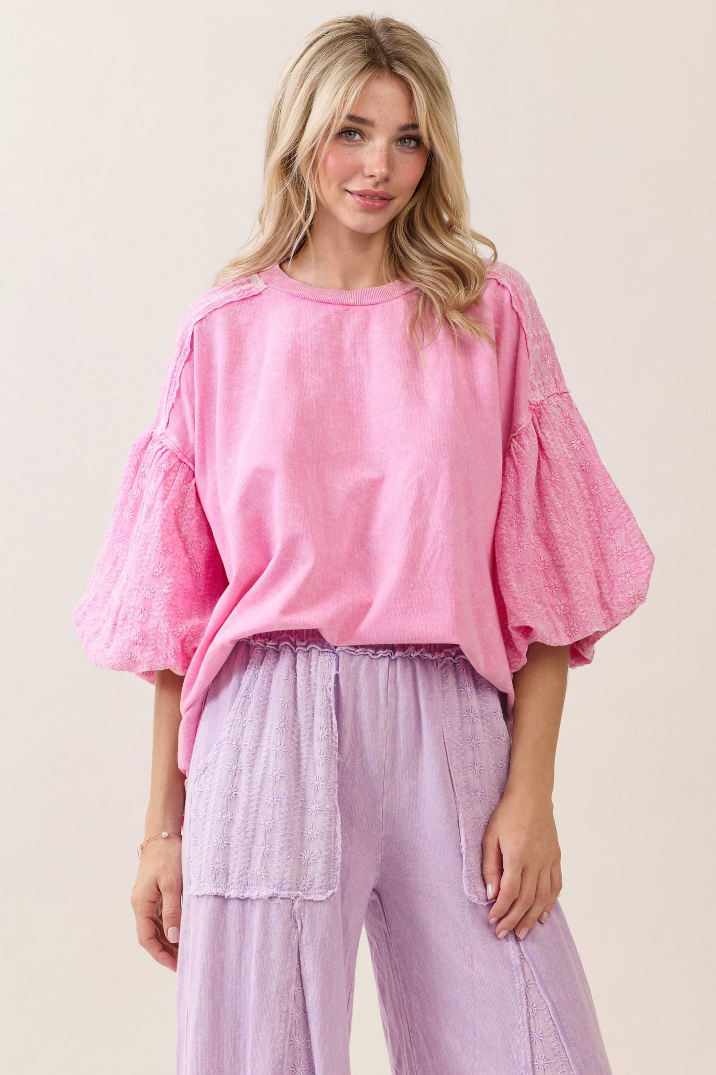 Mineral Washed Eyelet Puff Sleeve Blouse