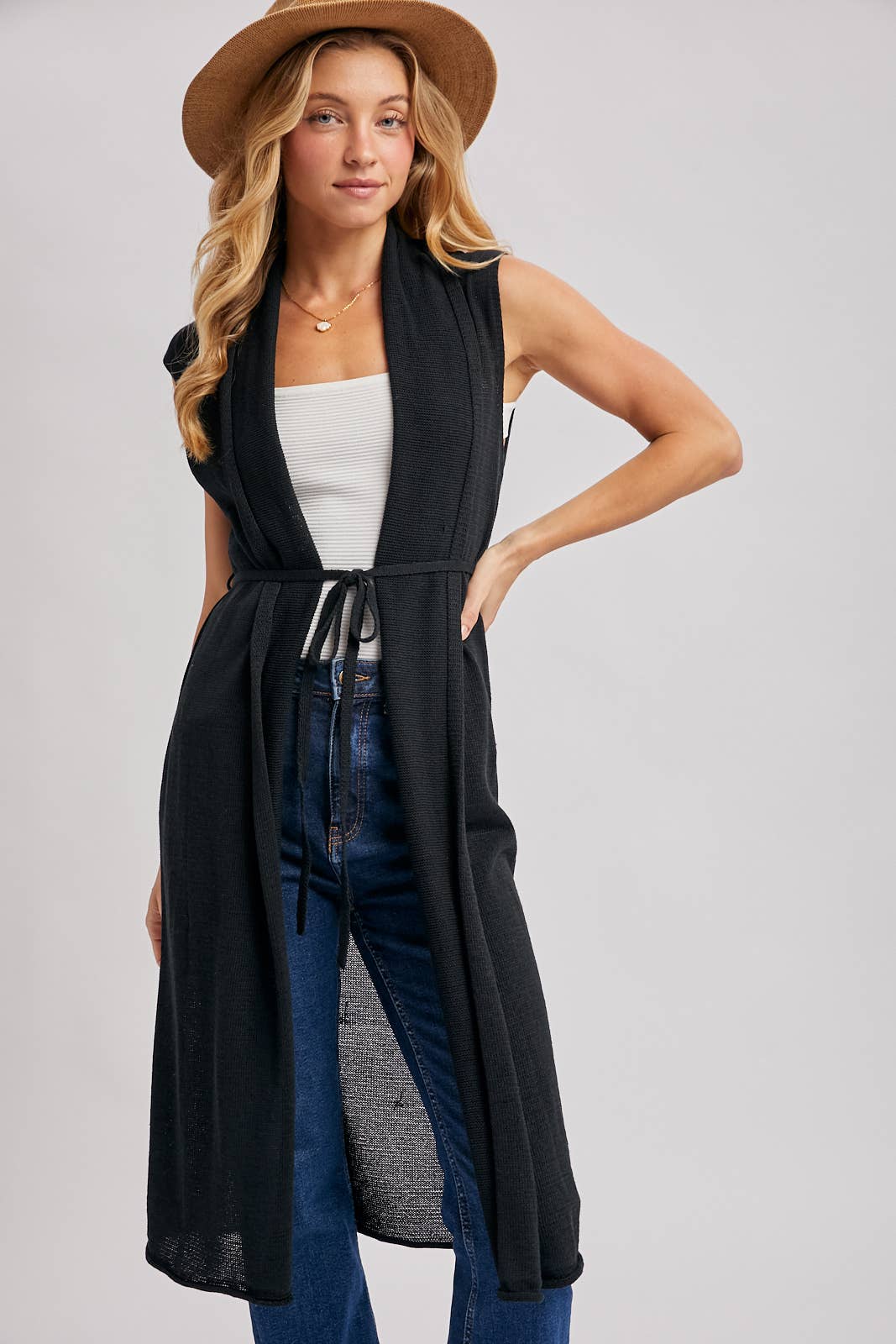 Sleeveless Belted Vest Cardigan