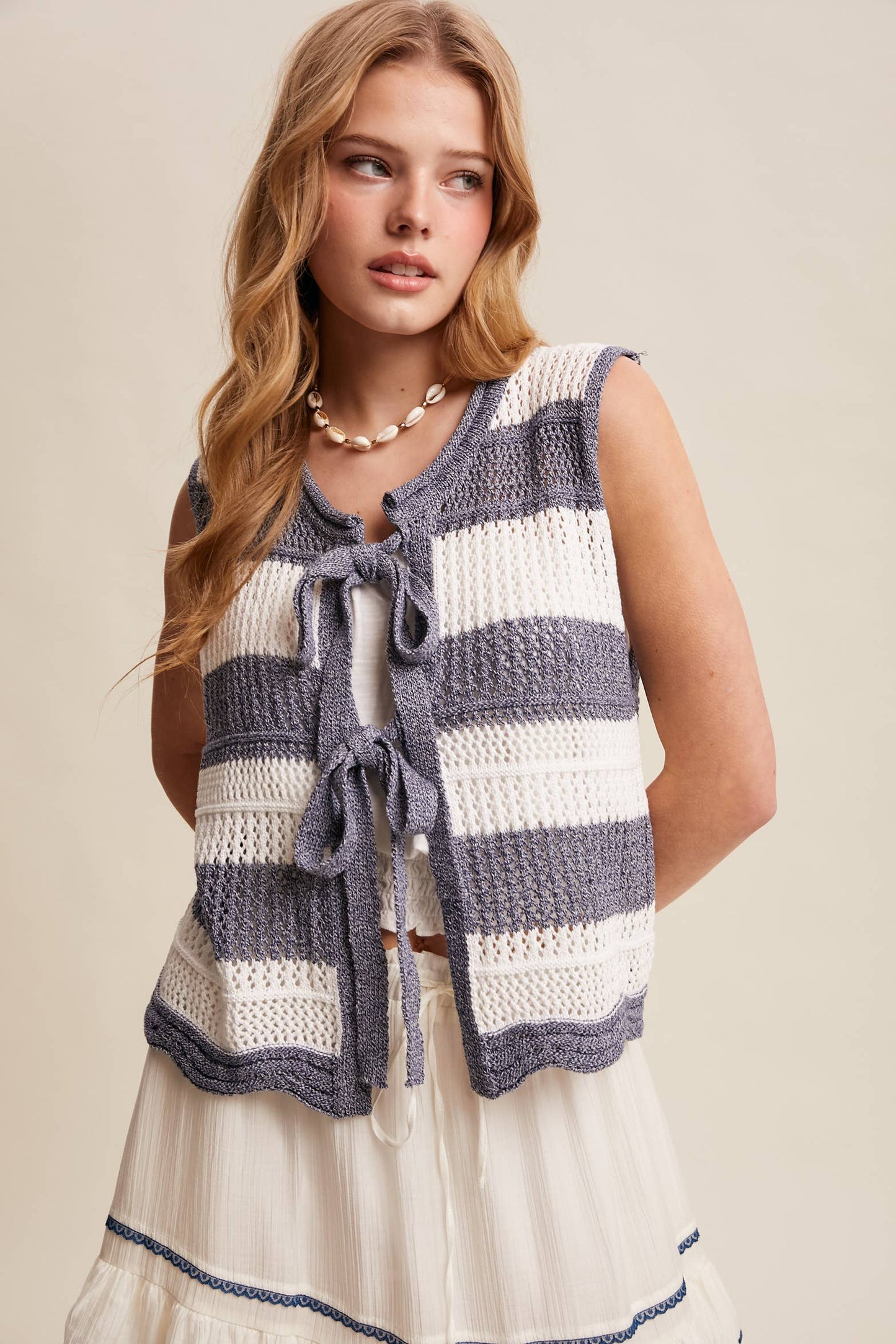 Striped Crochet Tie-Front Knit Vest