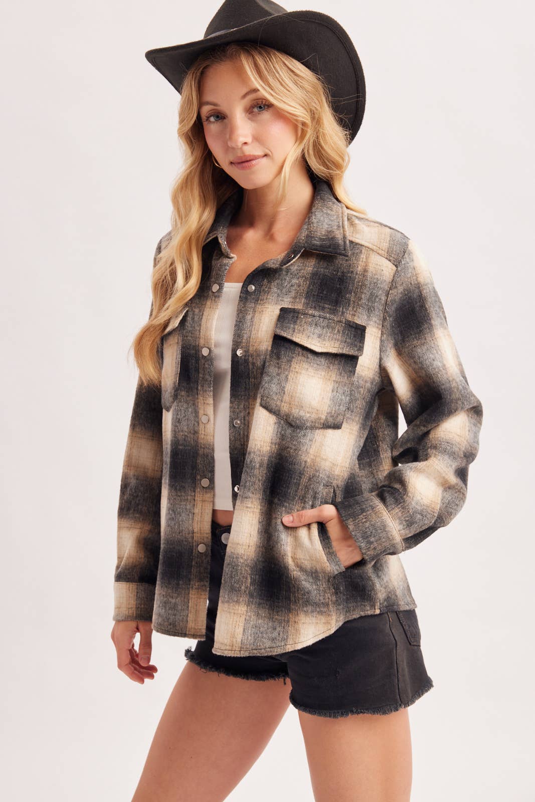 SNAP BUTTON DOWN PLAID SHACKET
