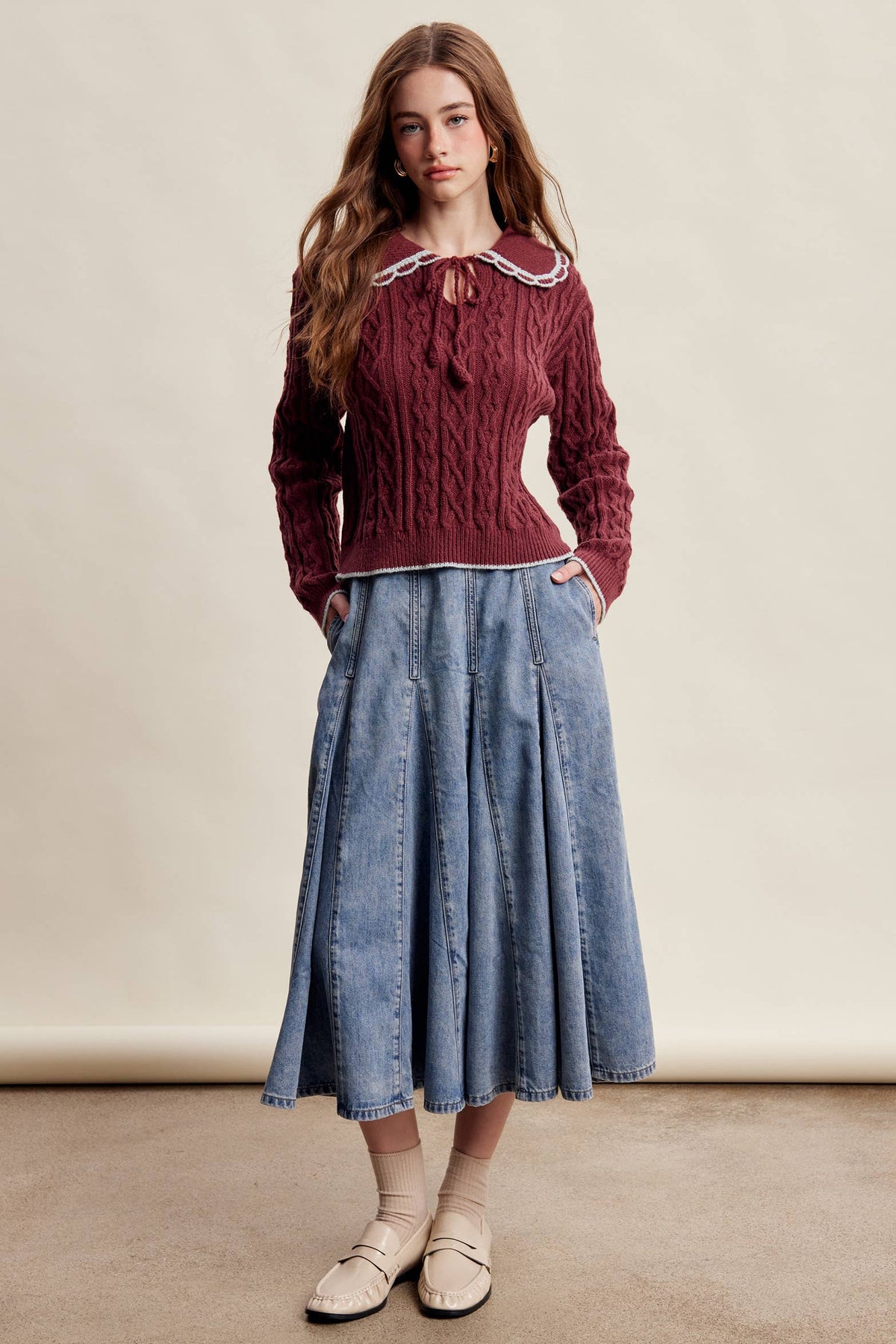 Scalloped Collar Cable Knit Sweater LSW1067