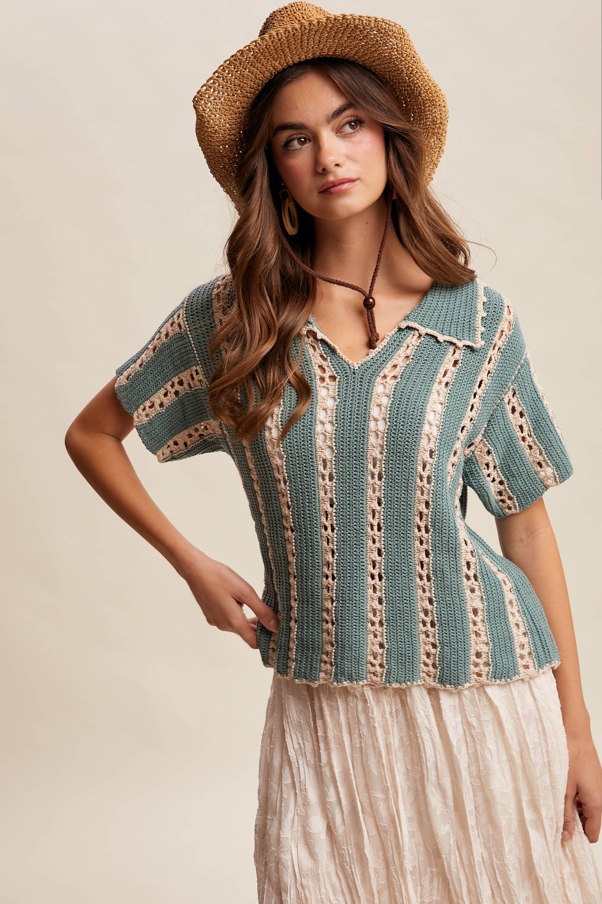 Crochet Stripe Knit Collar Top LSW1040