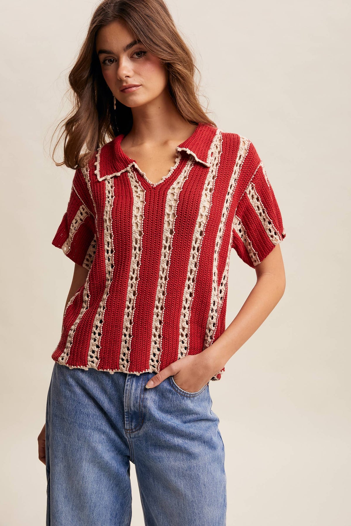 Crochet Stripe Knit Collar Top LSW1040