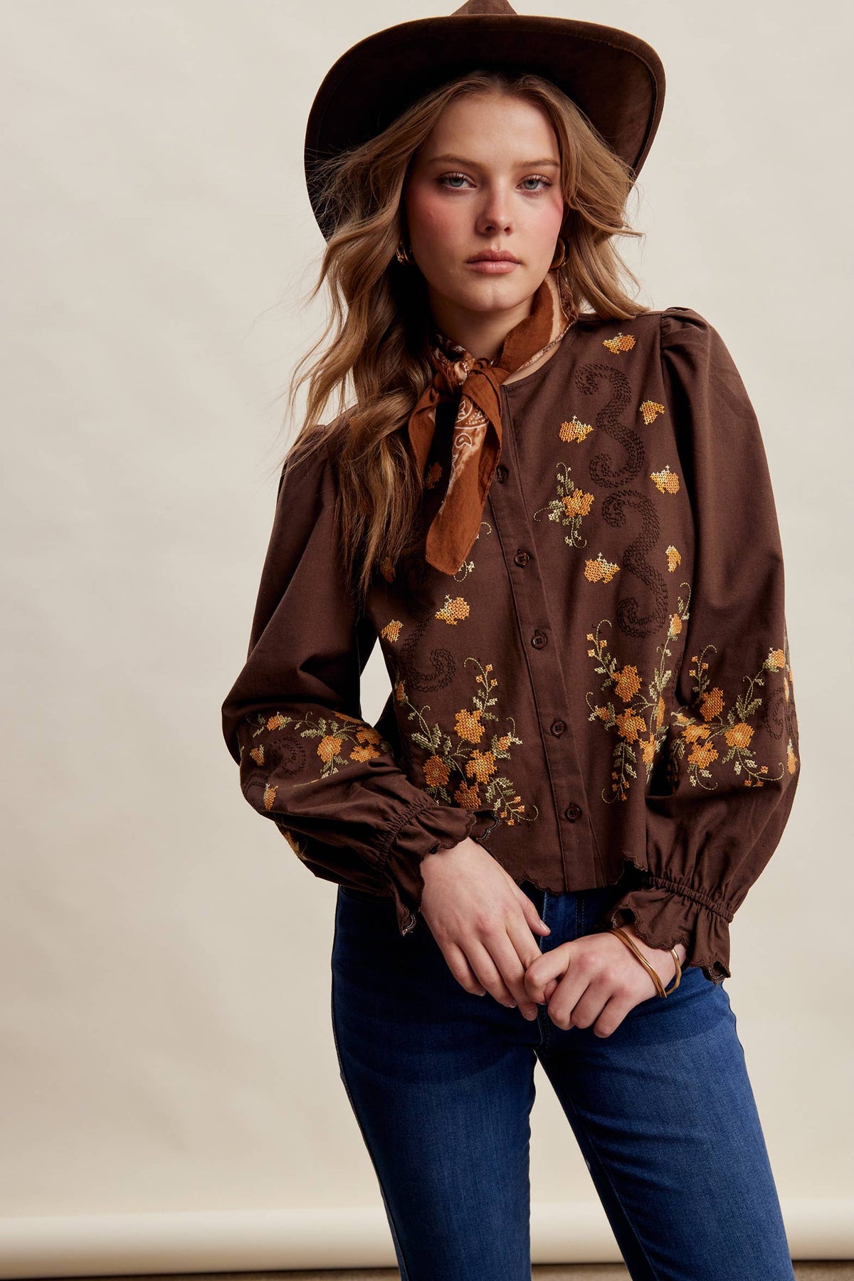 Embroidered Scallop Hem Cotton Blouse LT1482